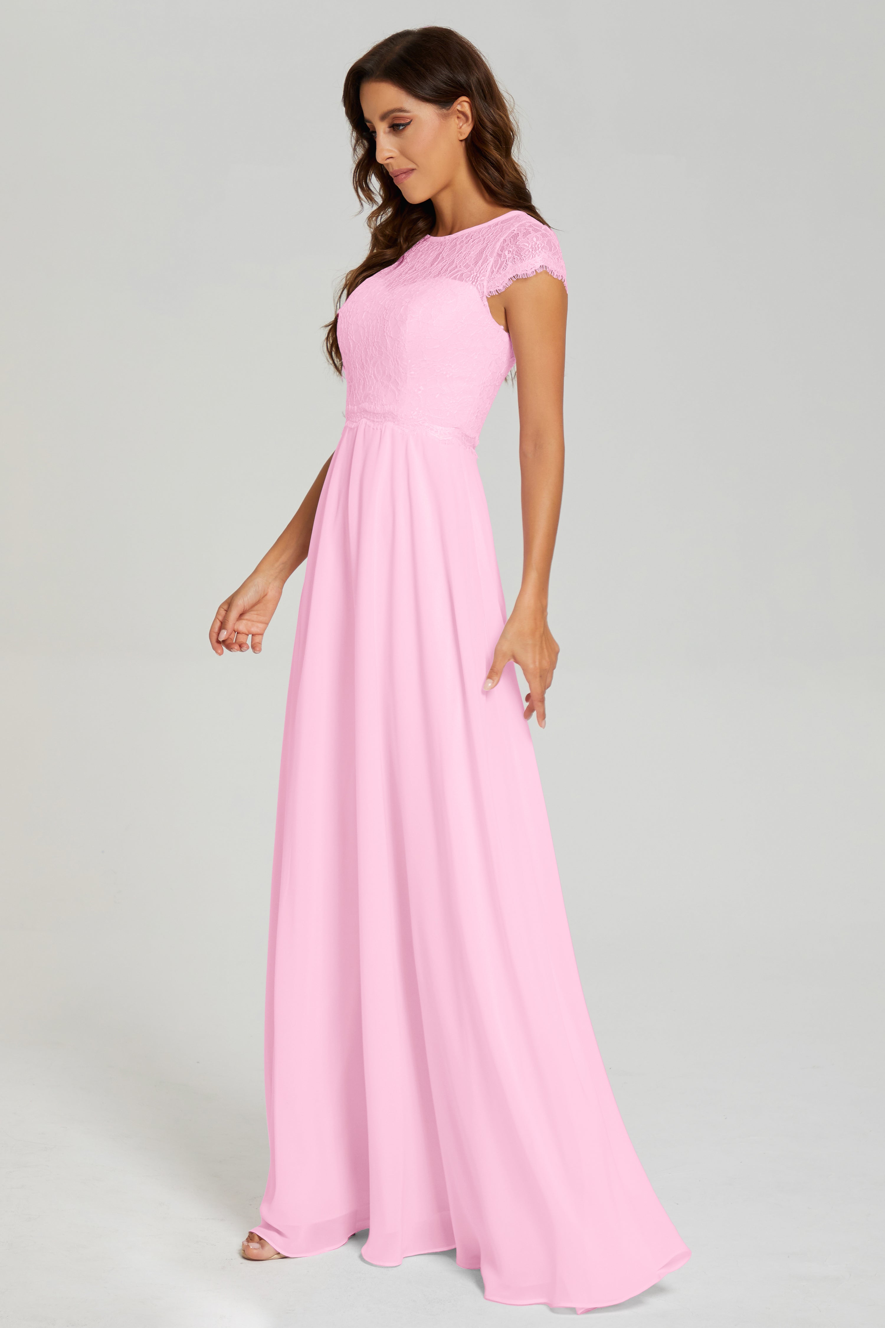 Illusion Cap Sleeve Chiffon Prom Dresses