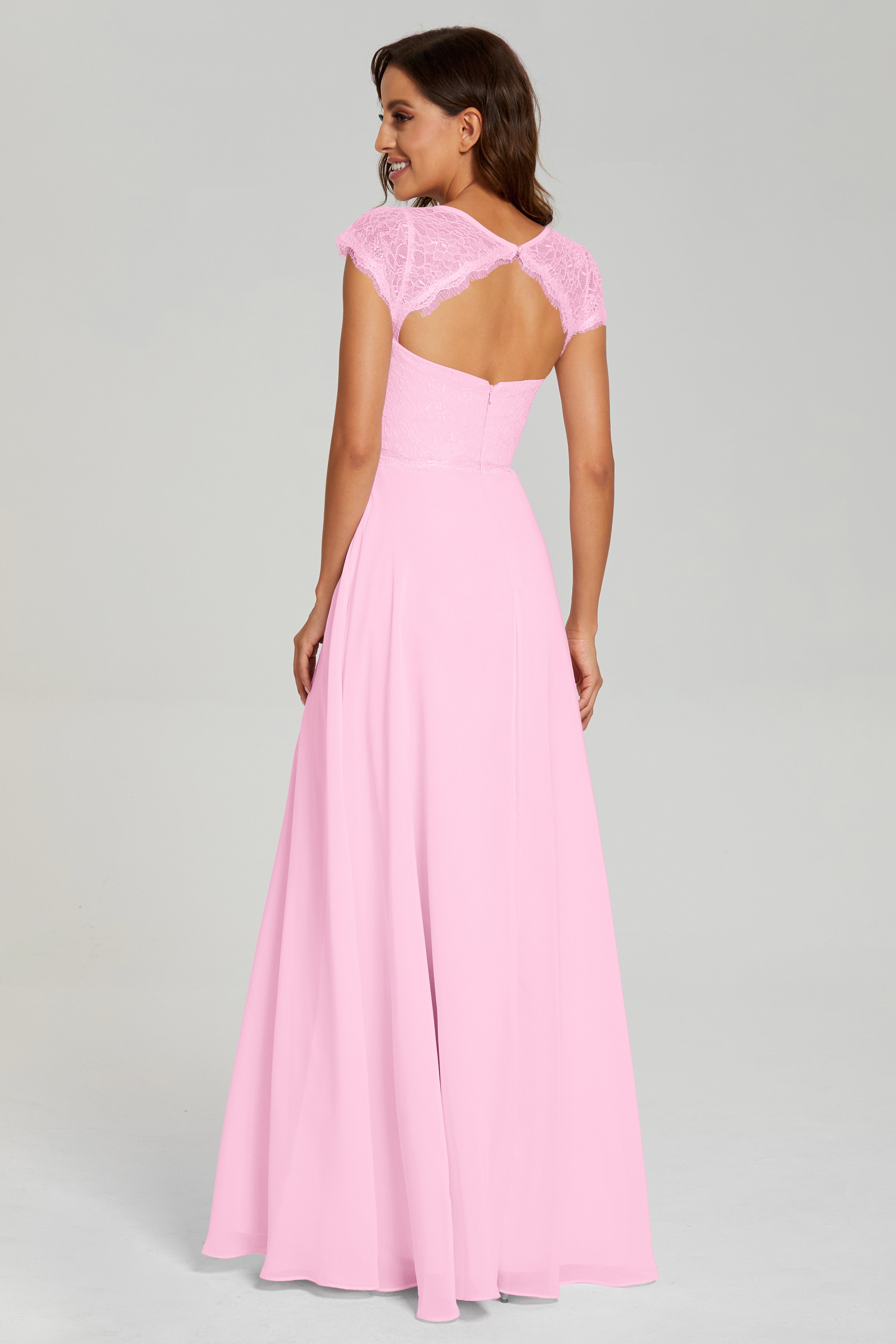 Illusion Cap Sleeve Chiffon Prom Dresses