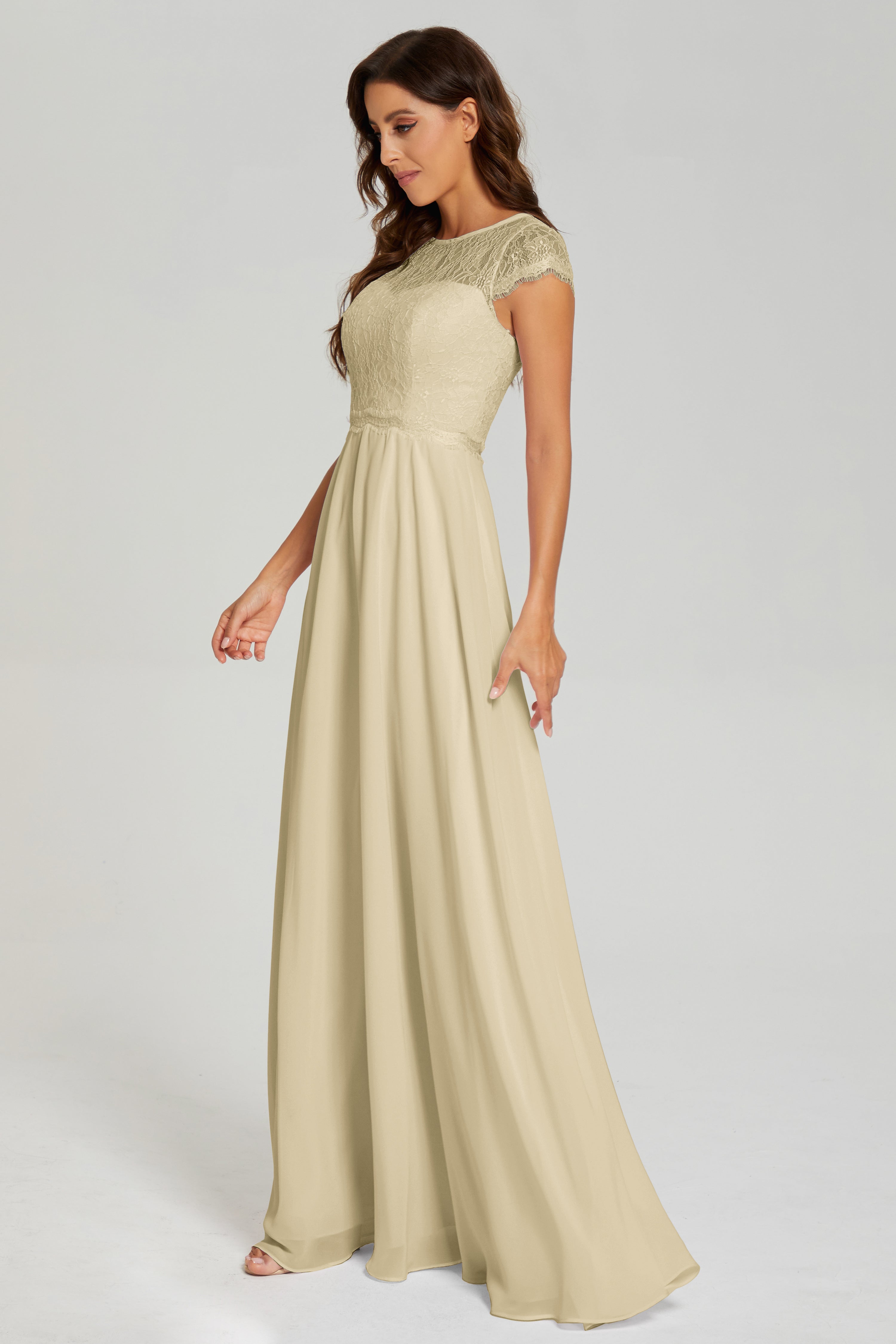 Illusion Cap Sleeve Chiffon Prom Dresses