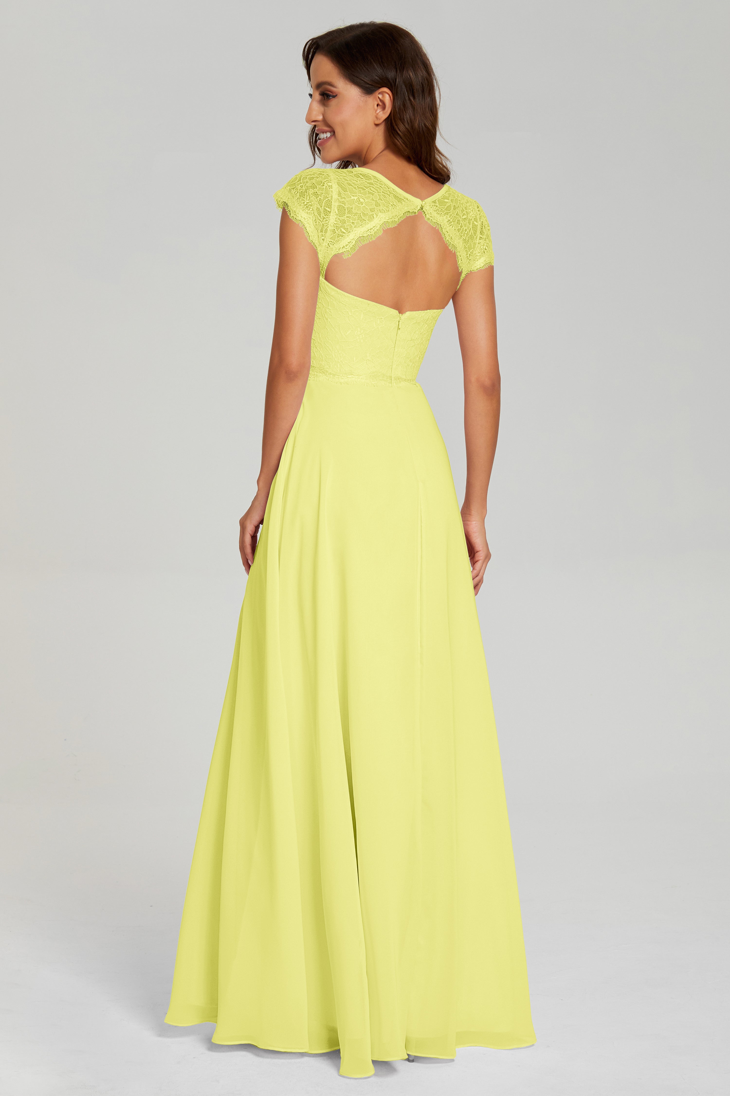 Illusion Cap Sleeve Chiffon Prom Dresses