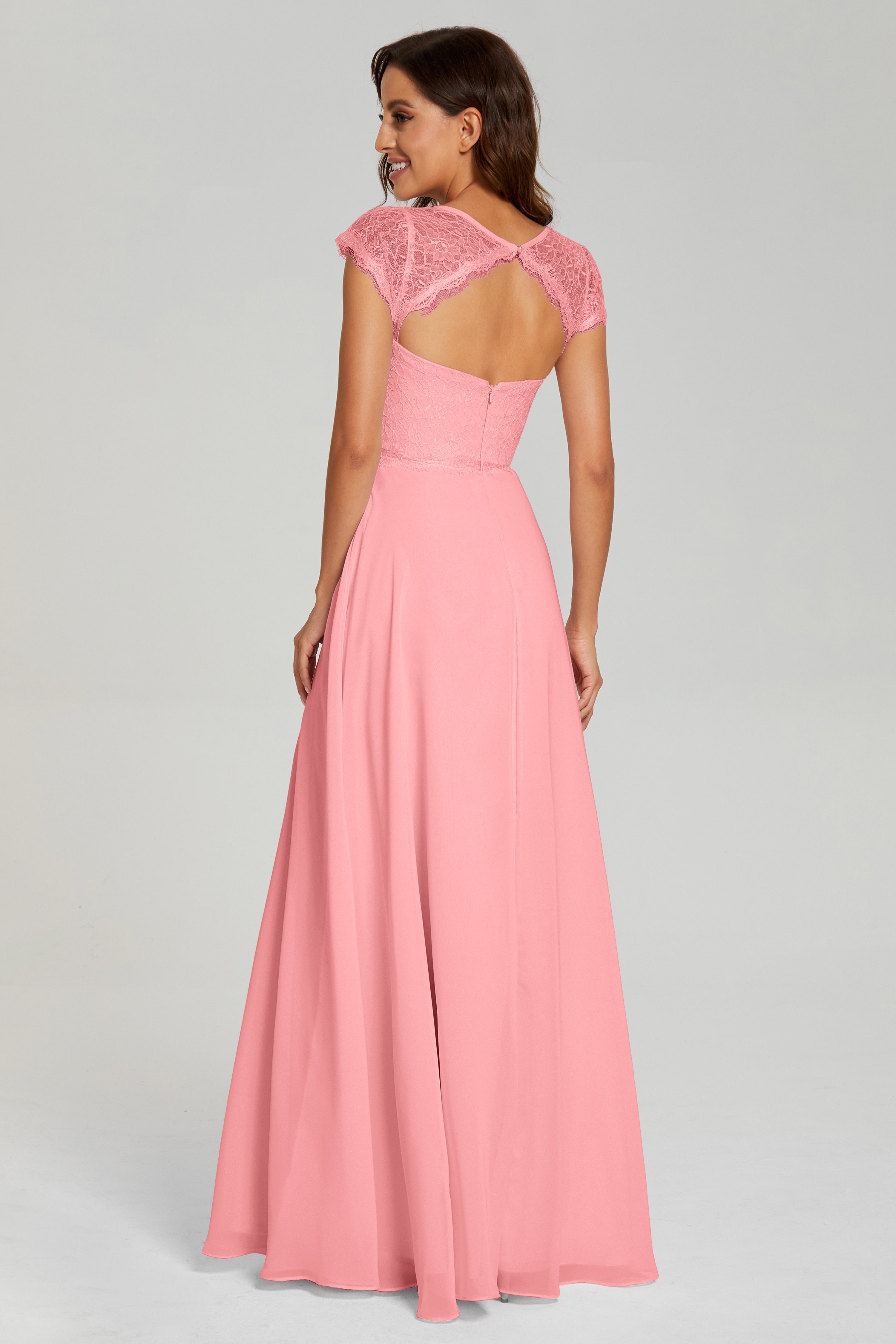 Illusion Cap Sleeve Chiffon Prom Dresses