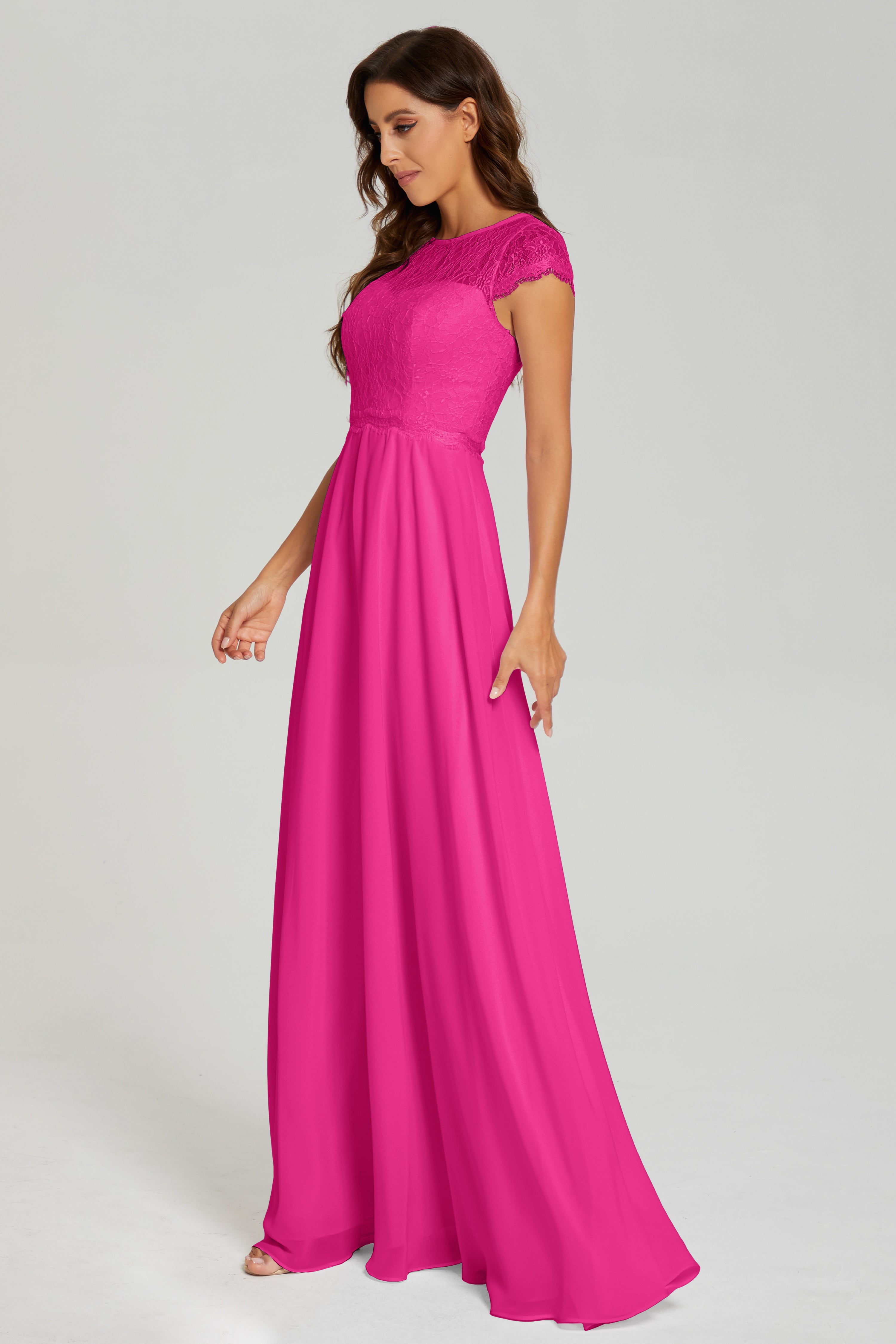 Illusion Cap Sleeve Chiffon Prom Dresses