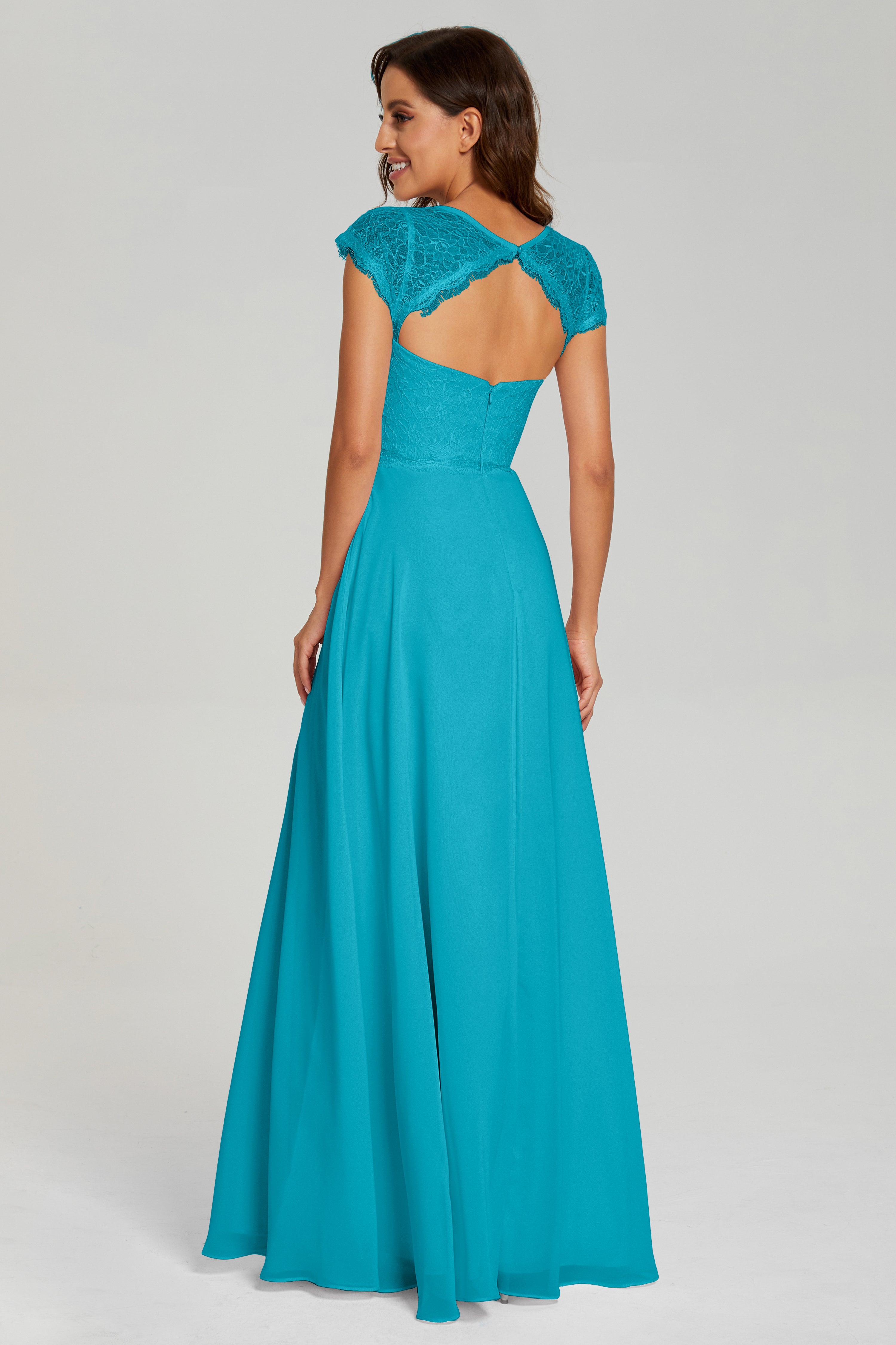 Illusion Cap Sleeve Chiffon Prom Dresses