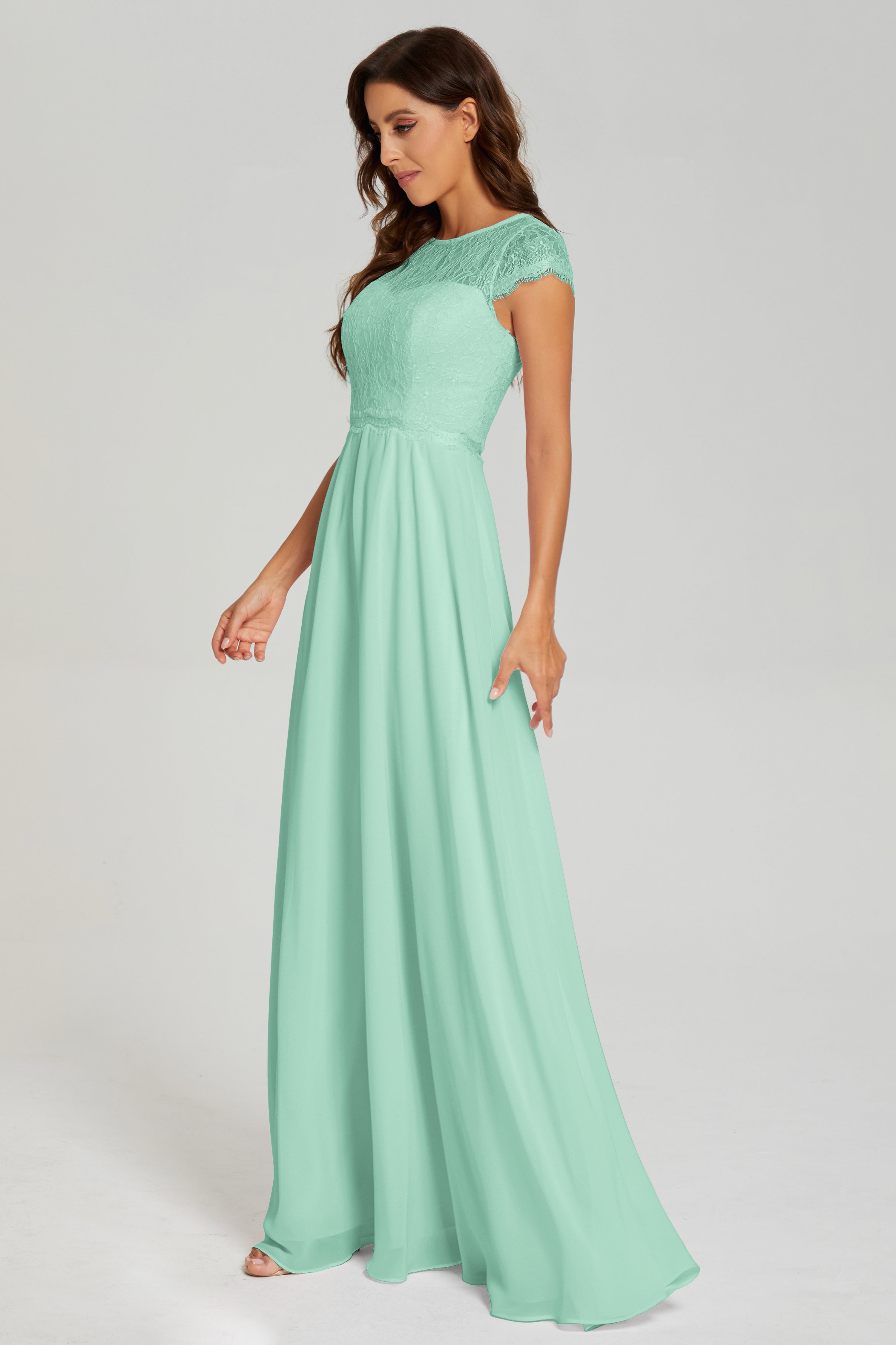 Illusion Cap Sleeve Chiffon Prom Dresses