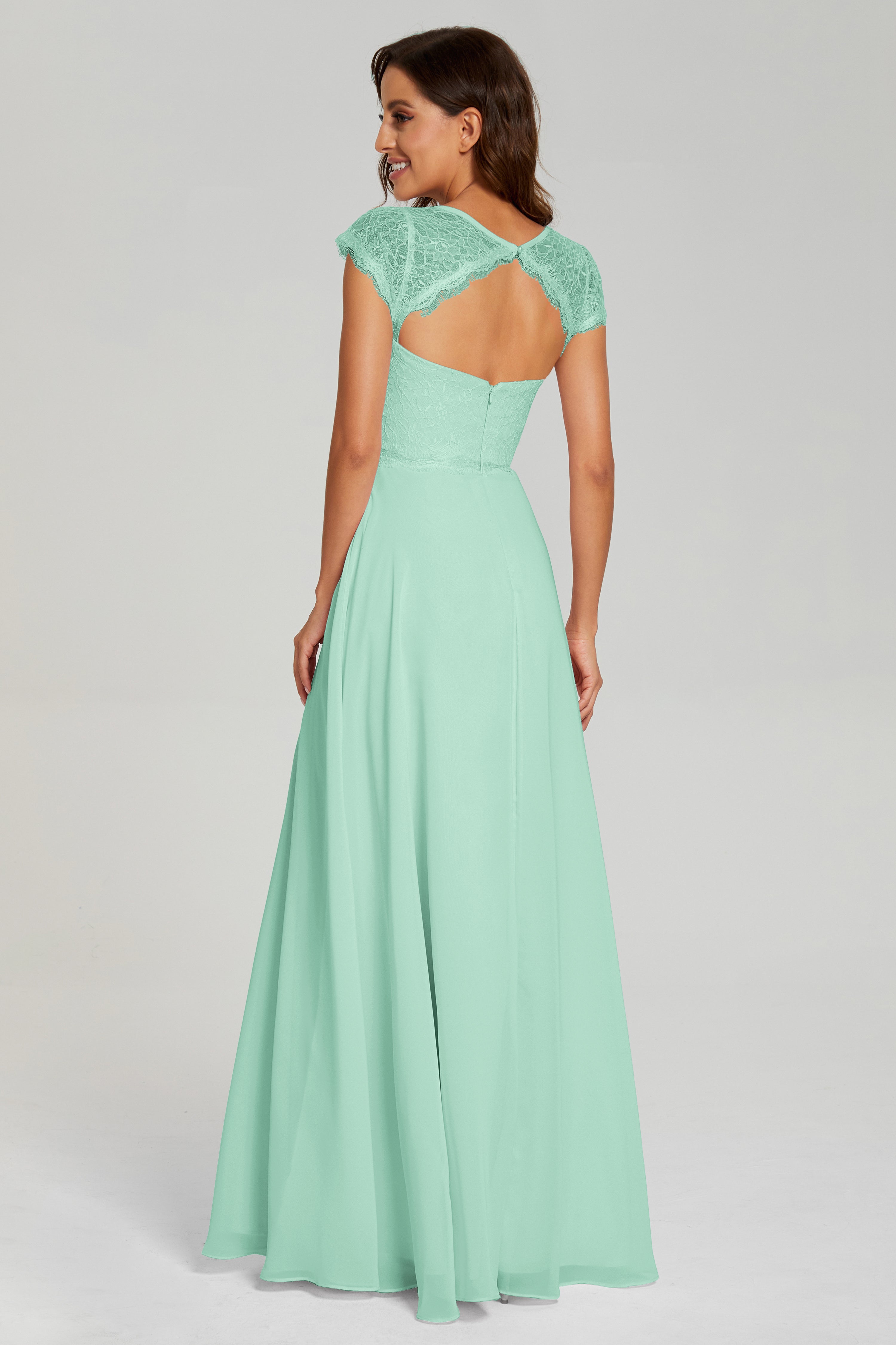 Illusion Cap Sleeve Chiffon Prom Dresses