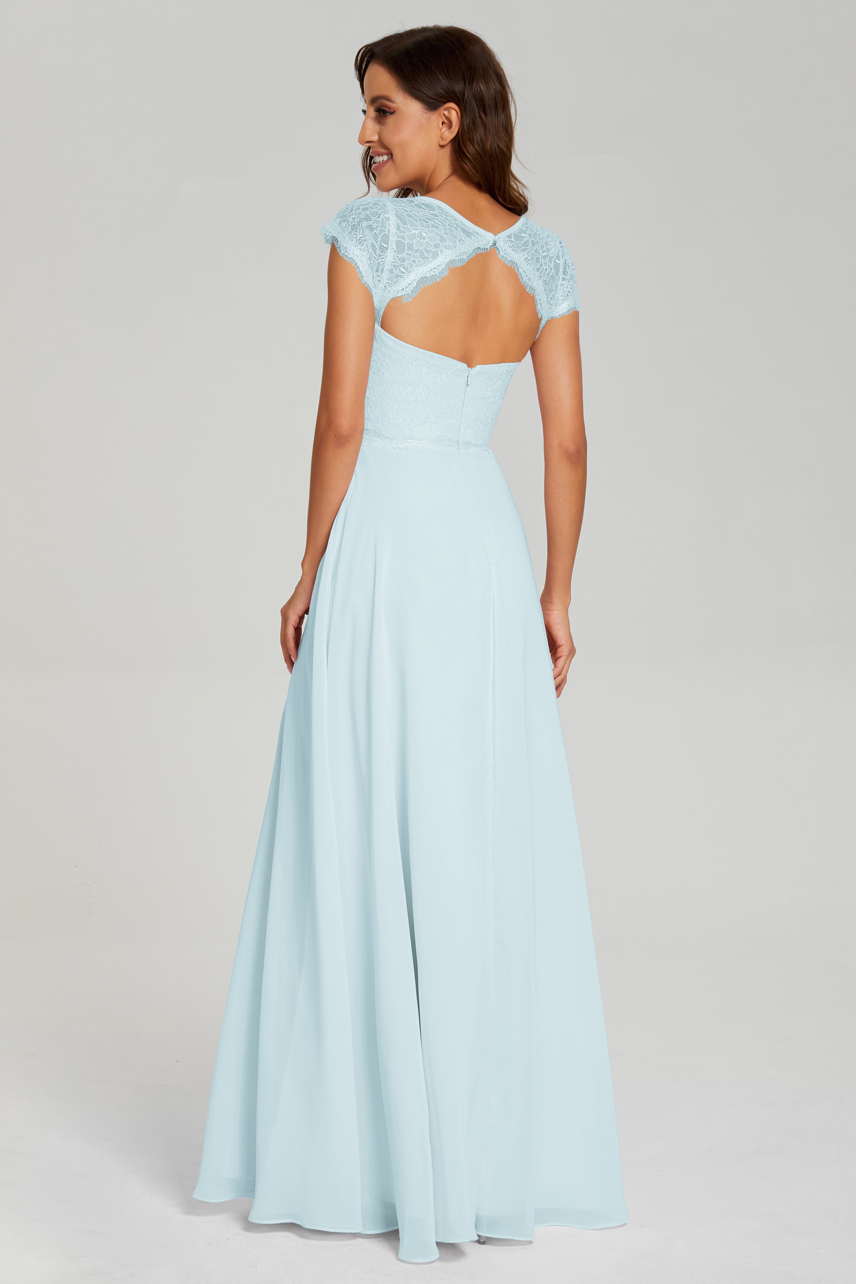 Illusion Cap Sleeve Chiffon Prom Dresses