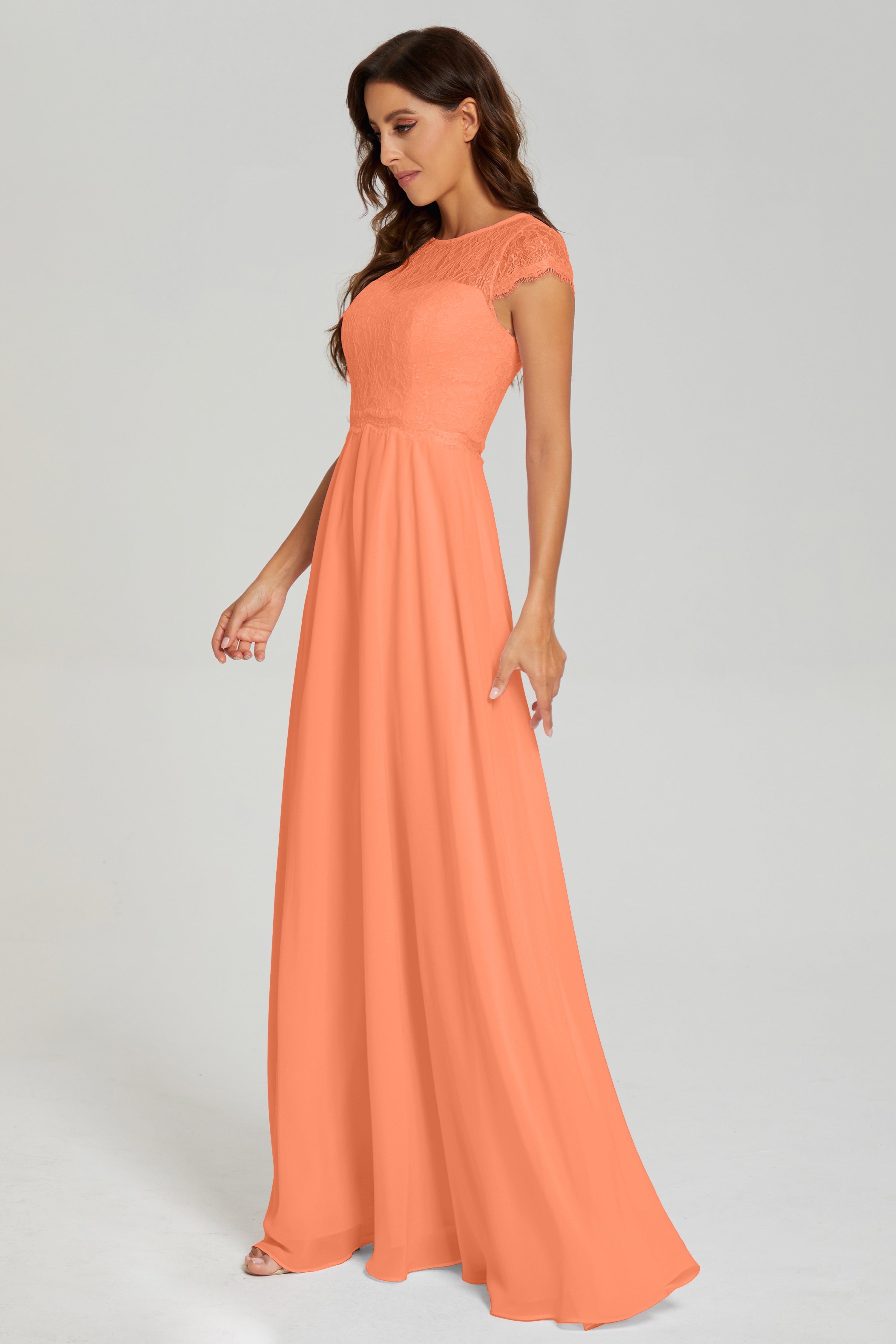 Illusion Cap Sleeve Chiffon Prom Dresses