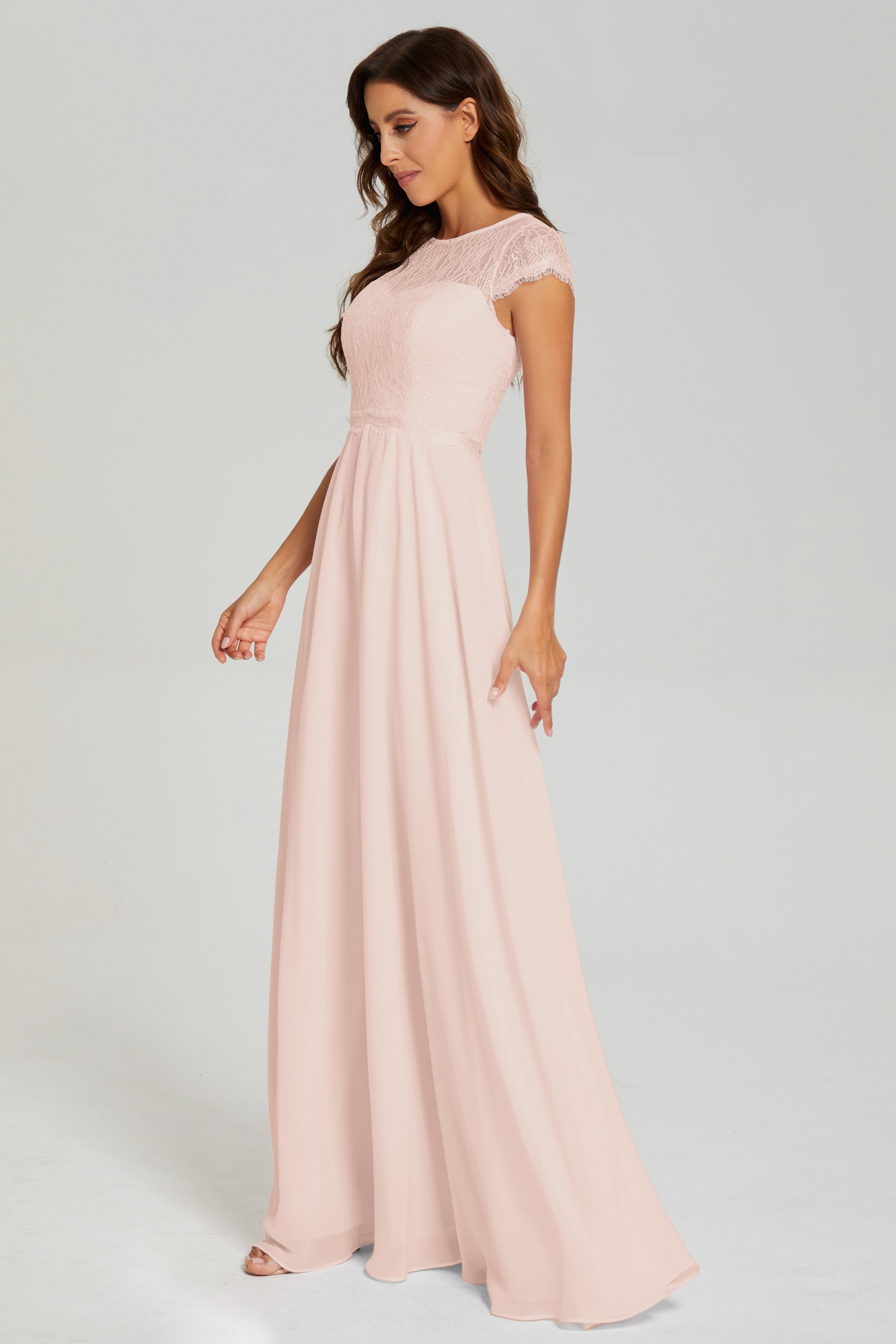 Illusion Cap Sleeve Chiffon Prom Dresses