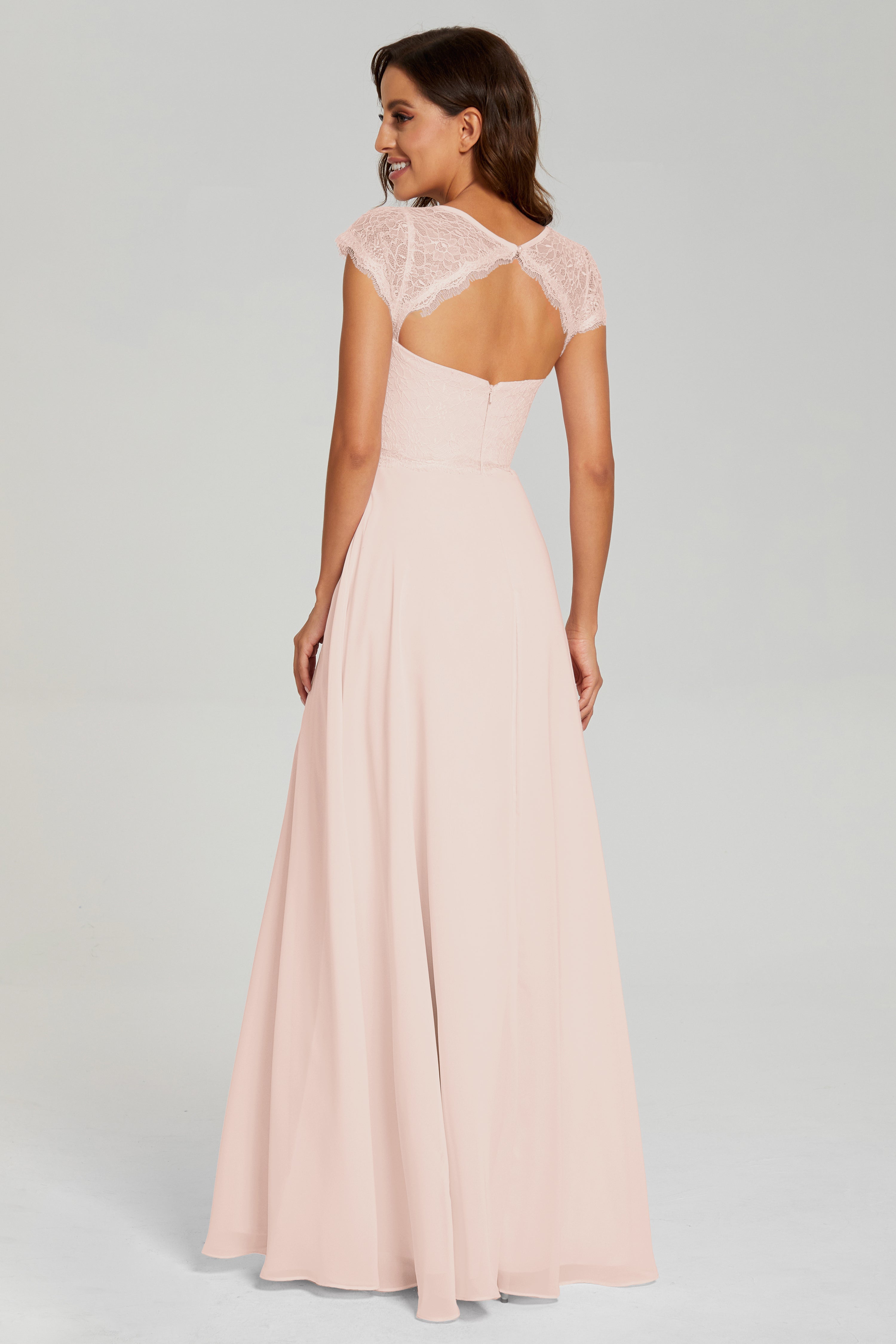 Illusion Cap Sleeve Chiffon Prom Dresses