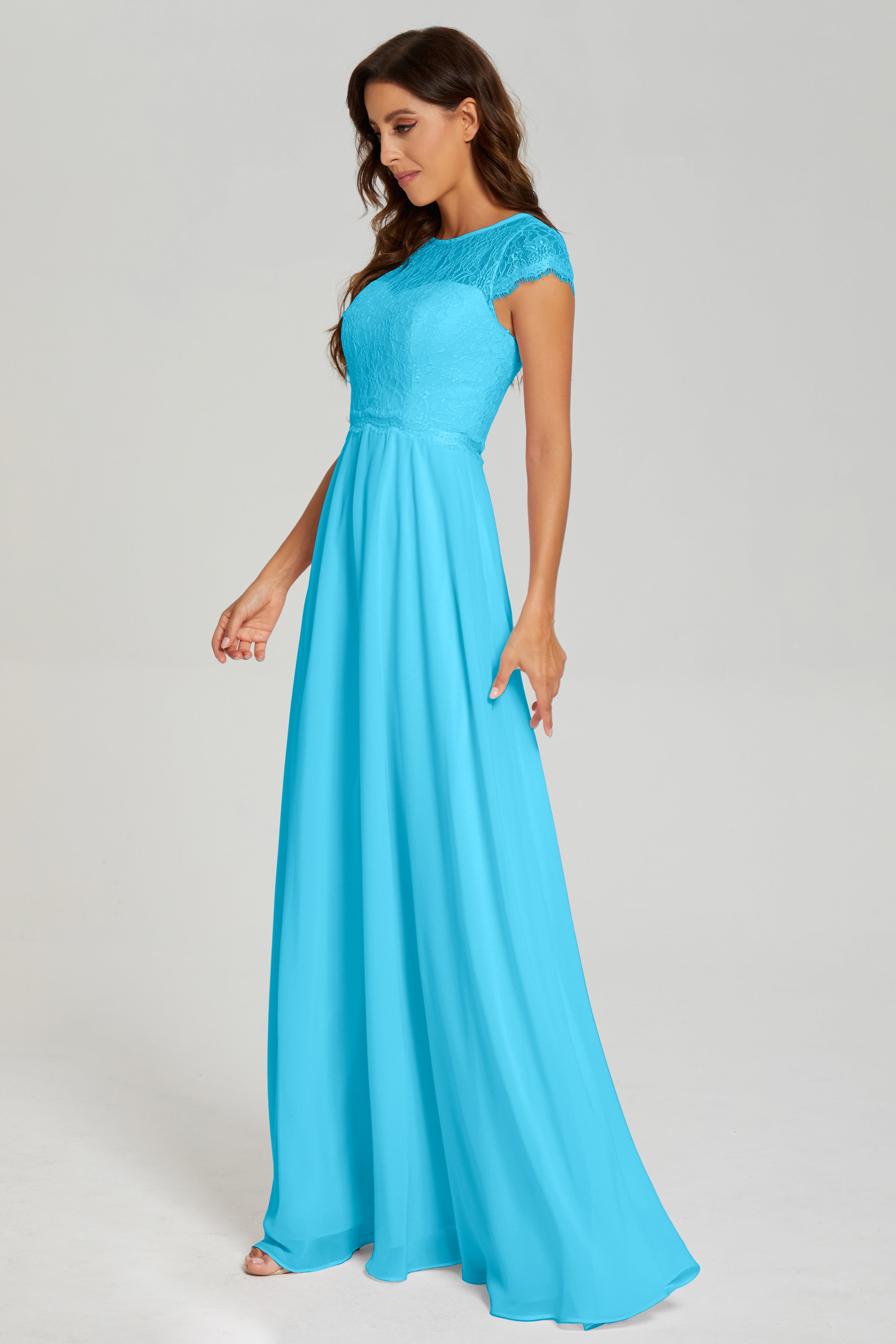 Illusion Cap Sleeve Chiffon Prom Dresses