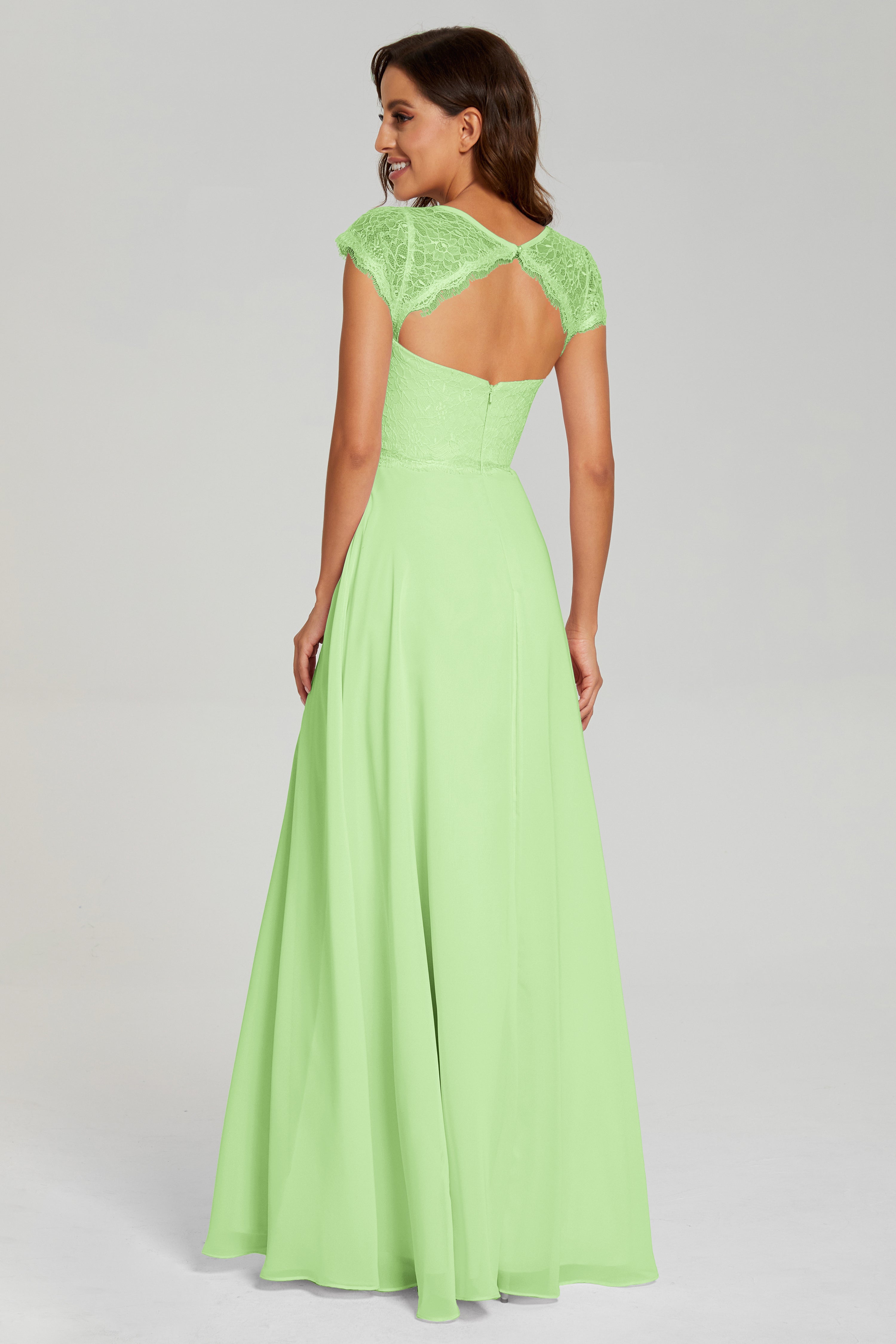 Illusion Cap Sleeve Chiffon Prom Dresses