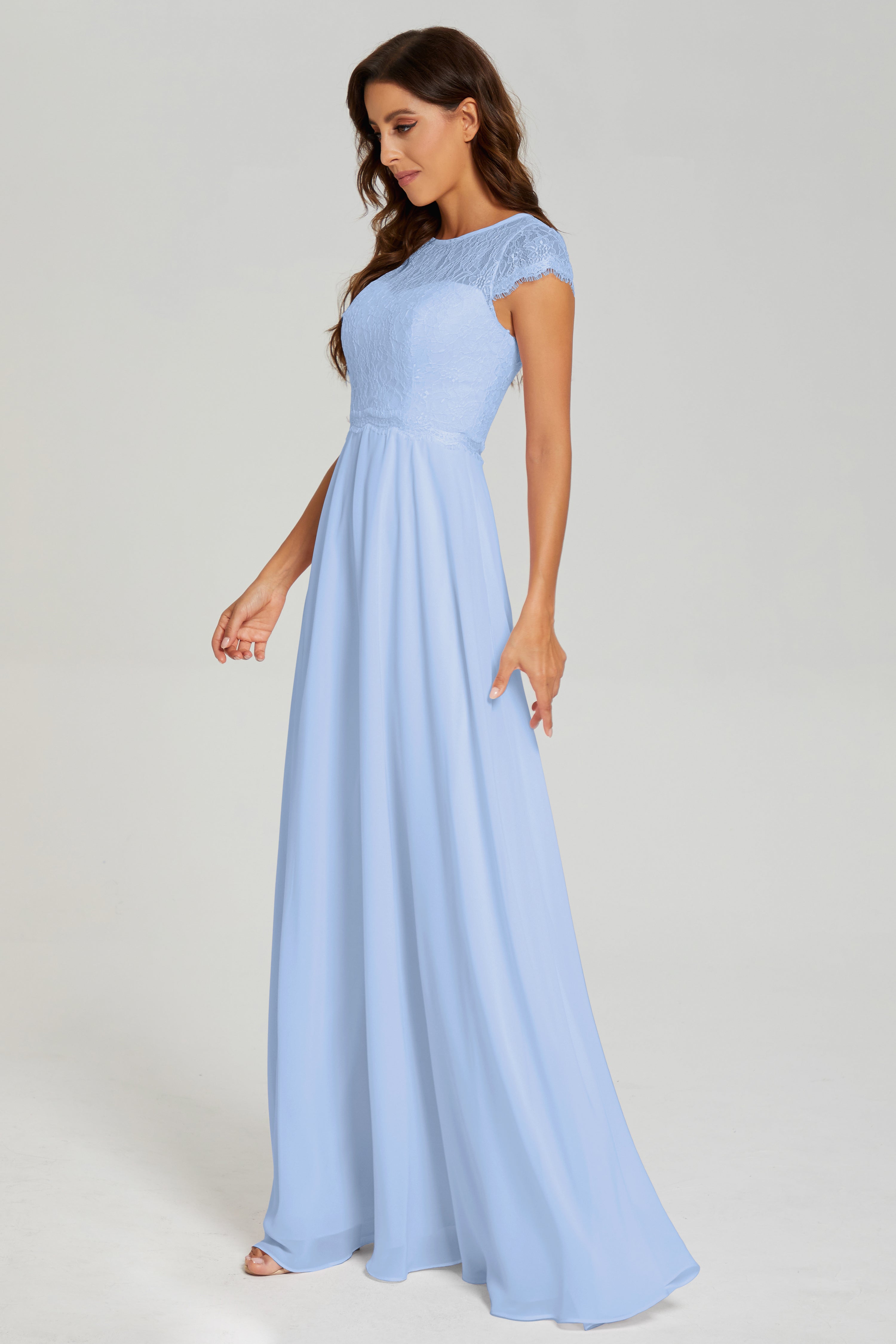 Illusion Cap Sleeve Chiffon Prom Dresses