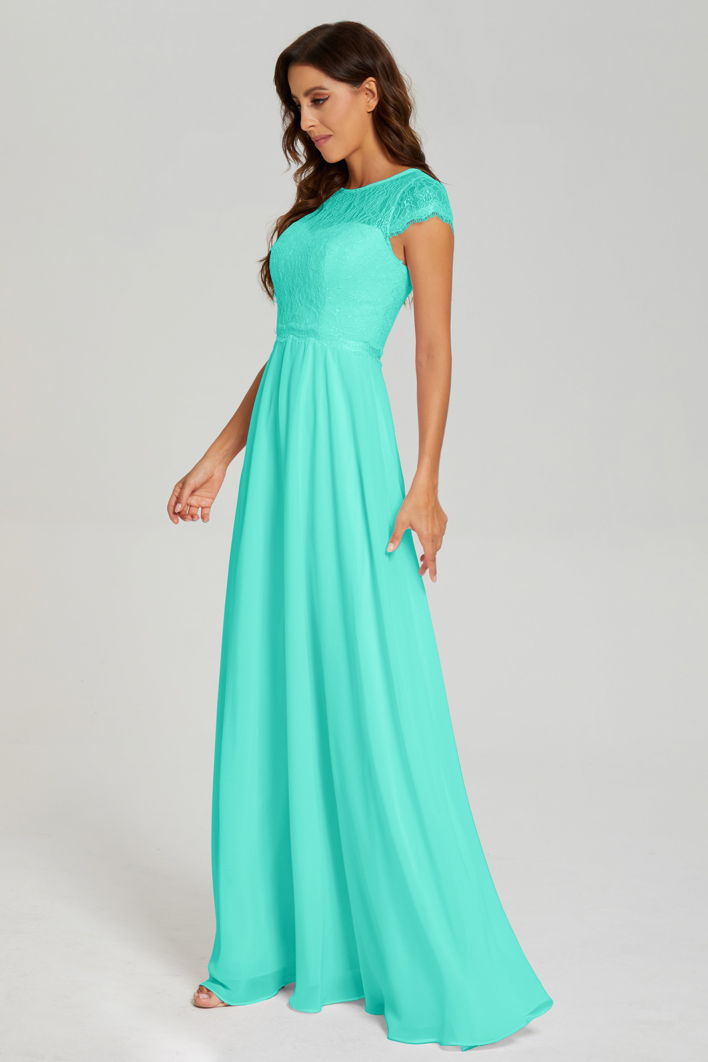 Illusion Cap Sleeve Chiffon Prom Dresses