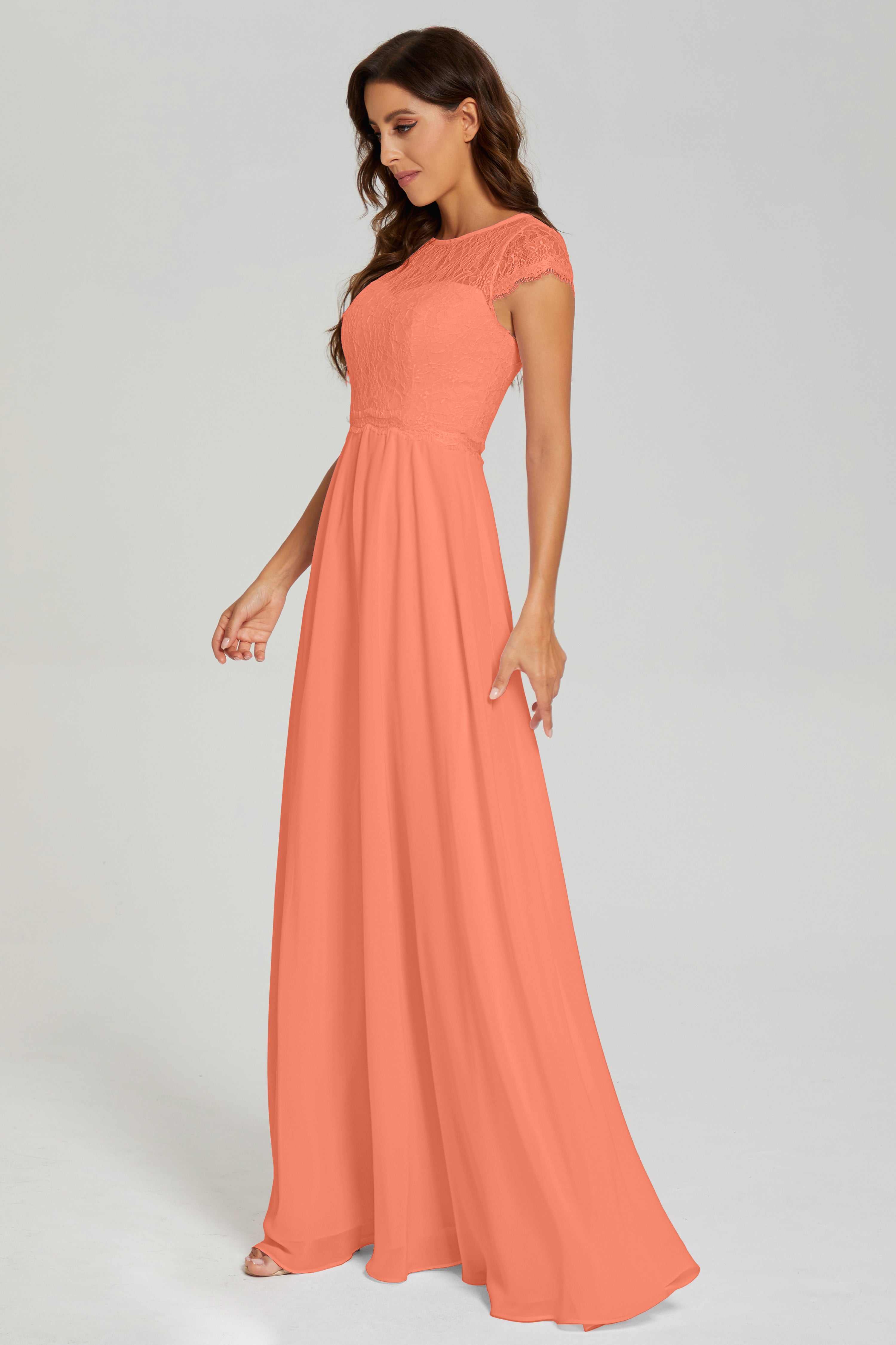 Illusion Cap Sleeve Chiffon Prom Dresses