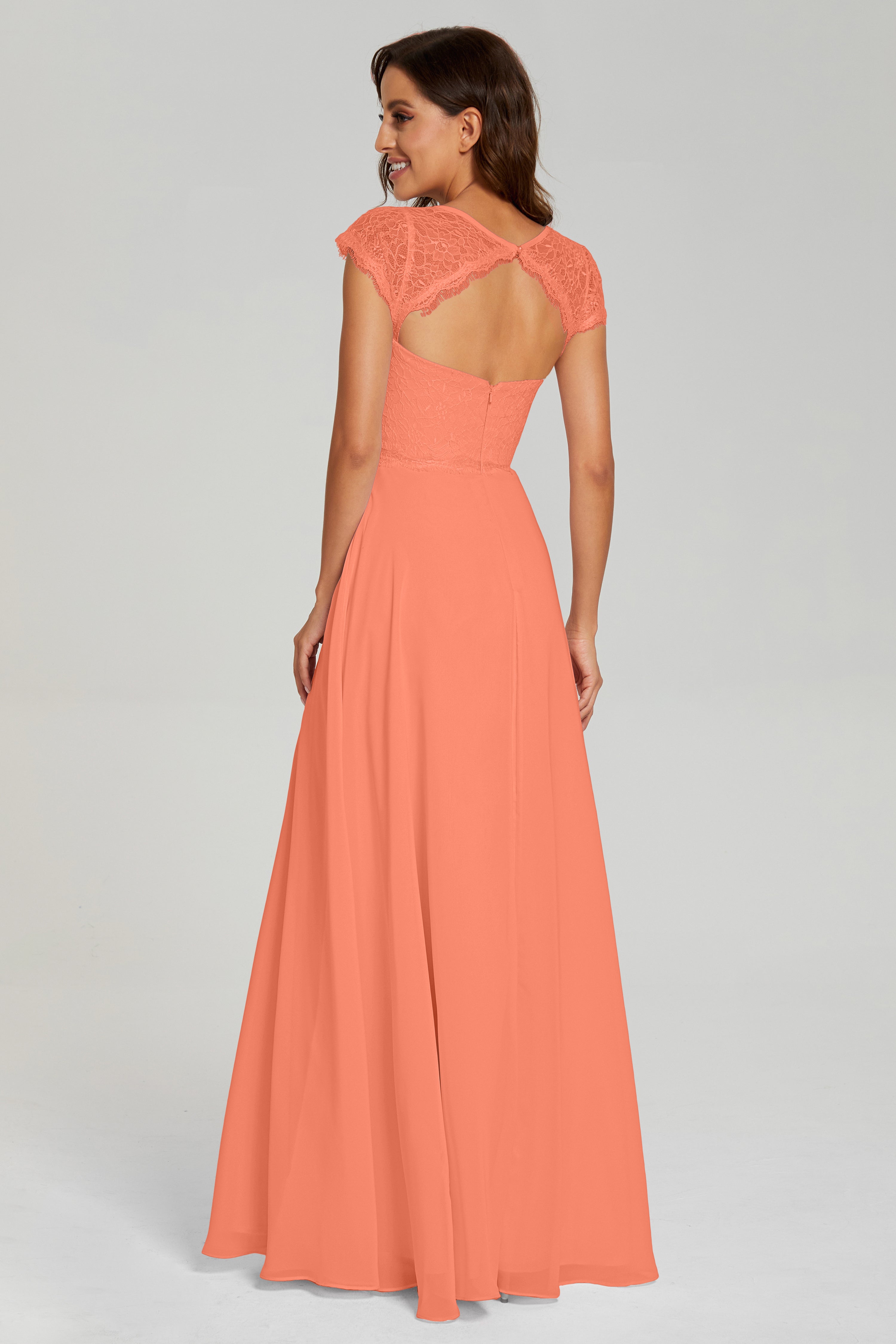 Illusion Cap Sleeve Chiffon Prom Dresses