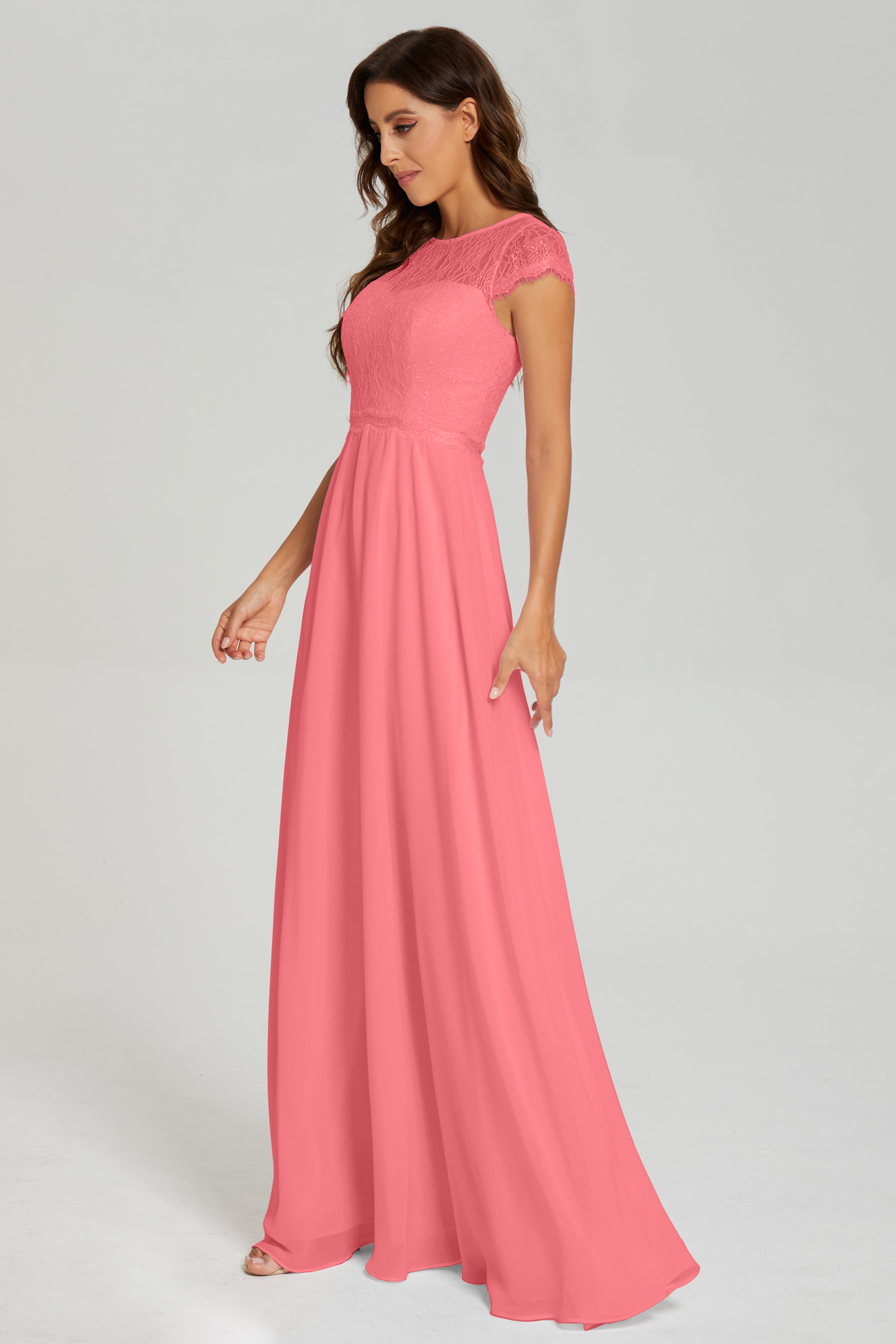 Illusion Cap Sleeve Chiffon Prom Dresses