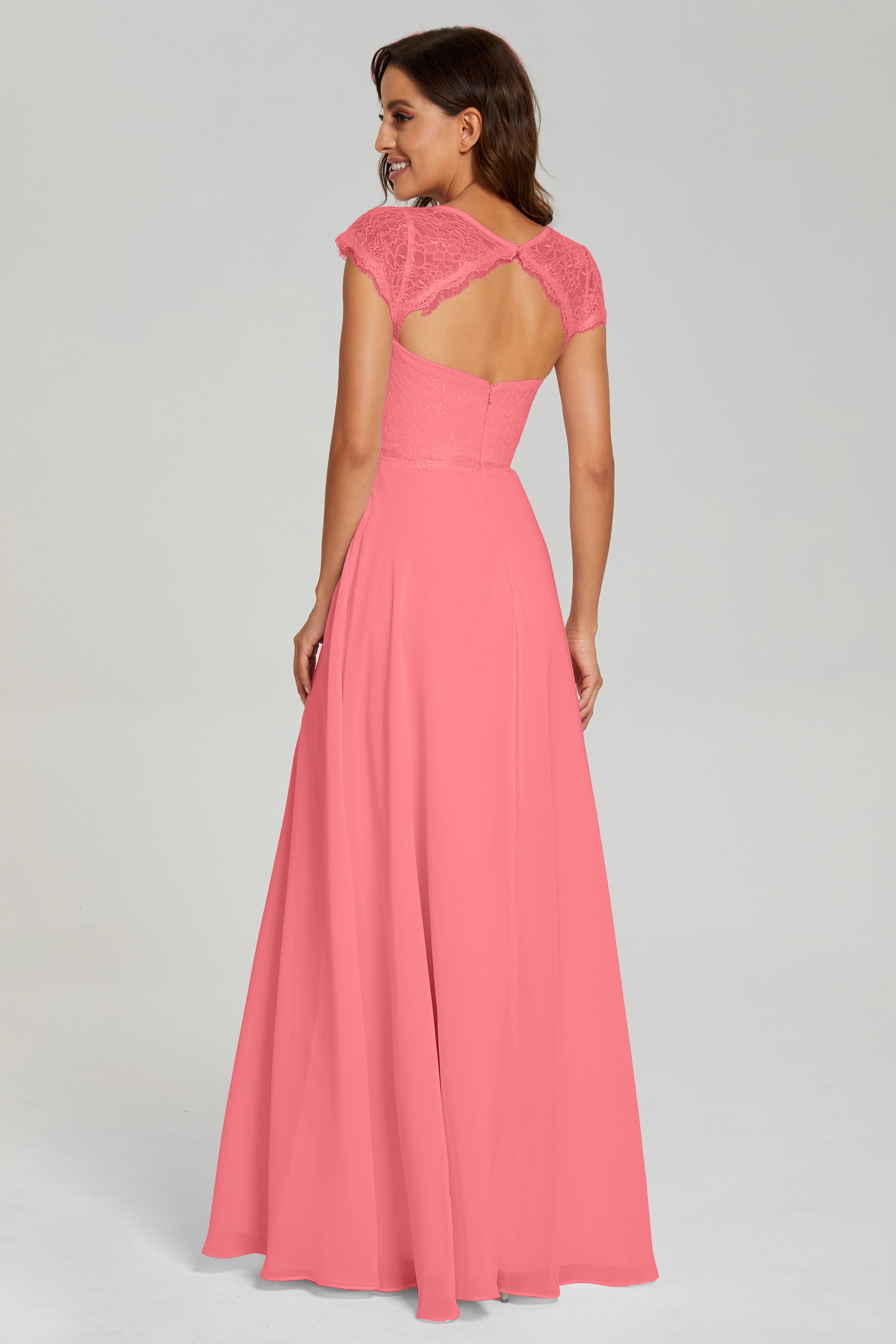 Illusion Cap Sleeve Chiffon Prom Dresses