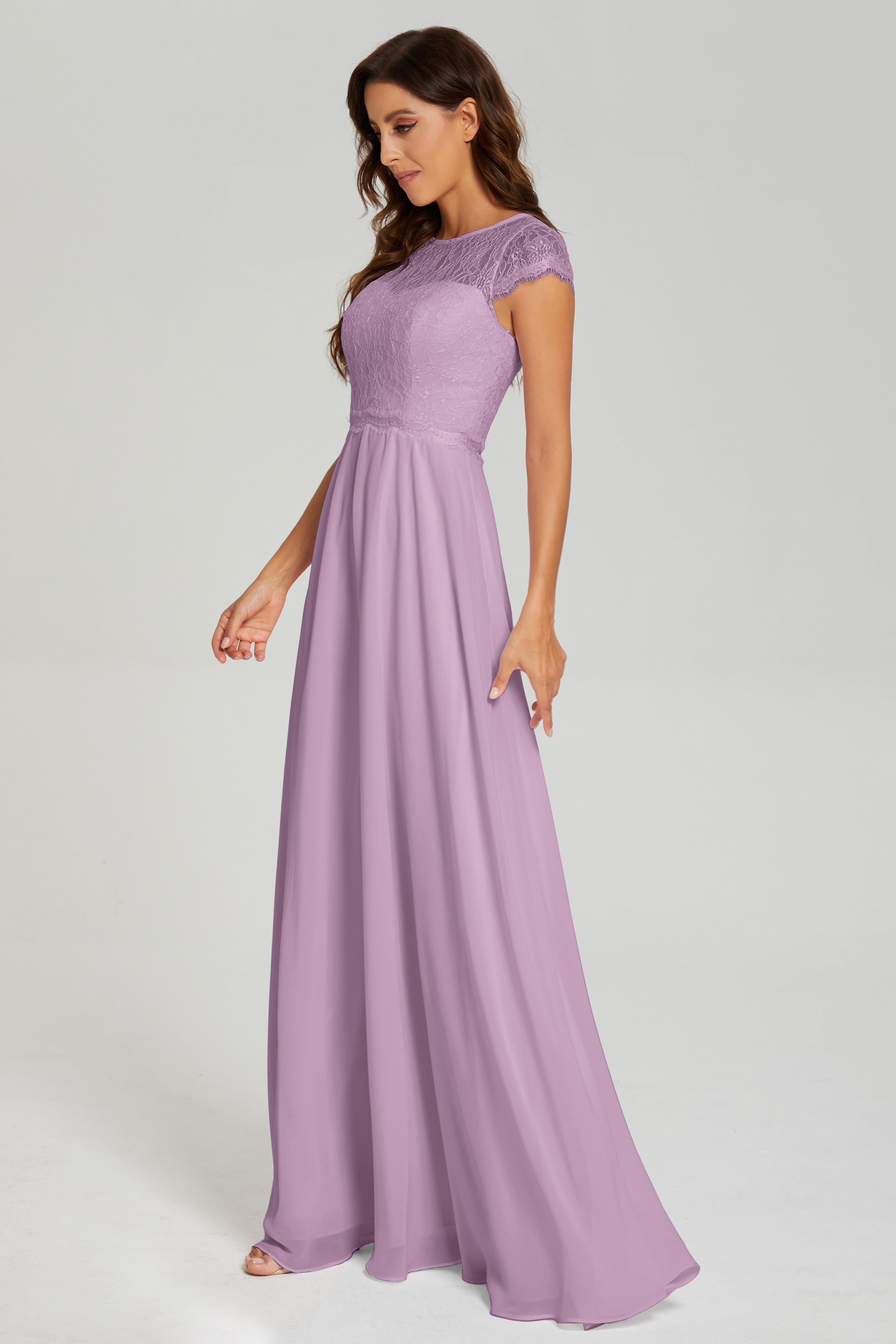 Illusion Cap Sleeve Chiffon Prom Dresses