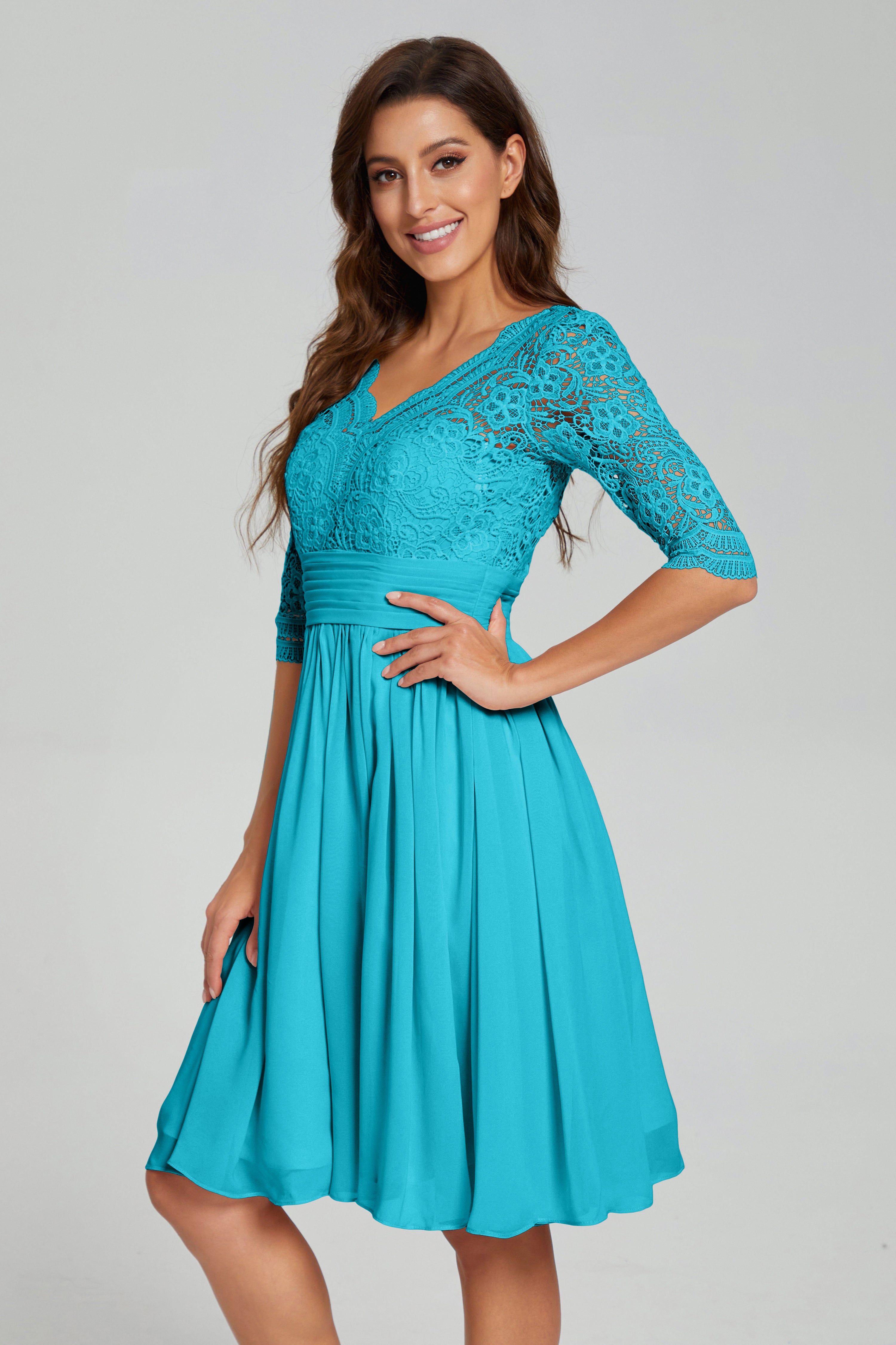 Knee Length Half Sleeve Lace Prom Dresses