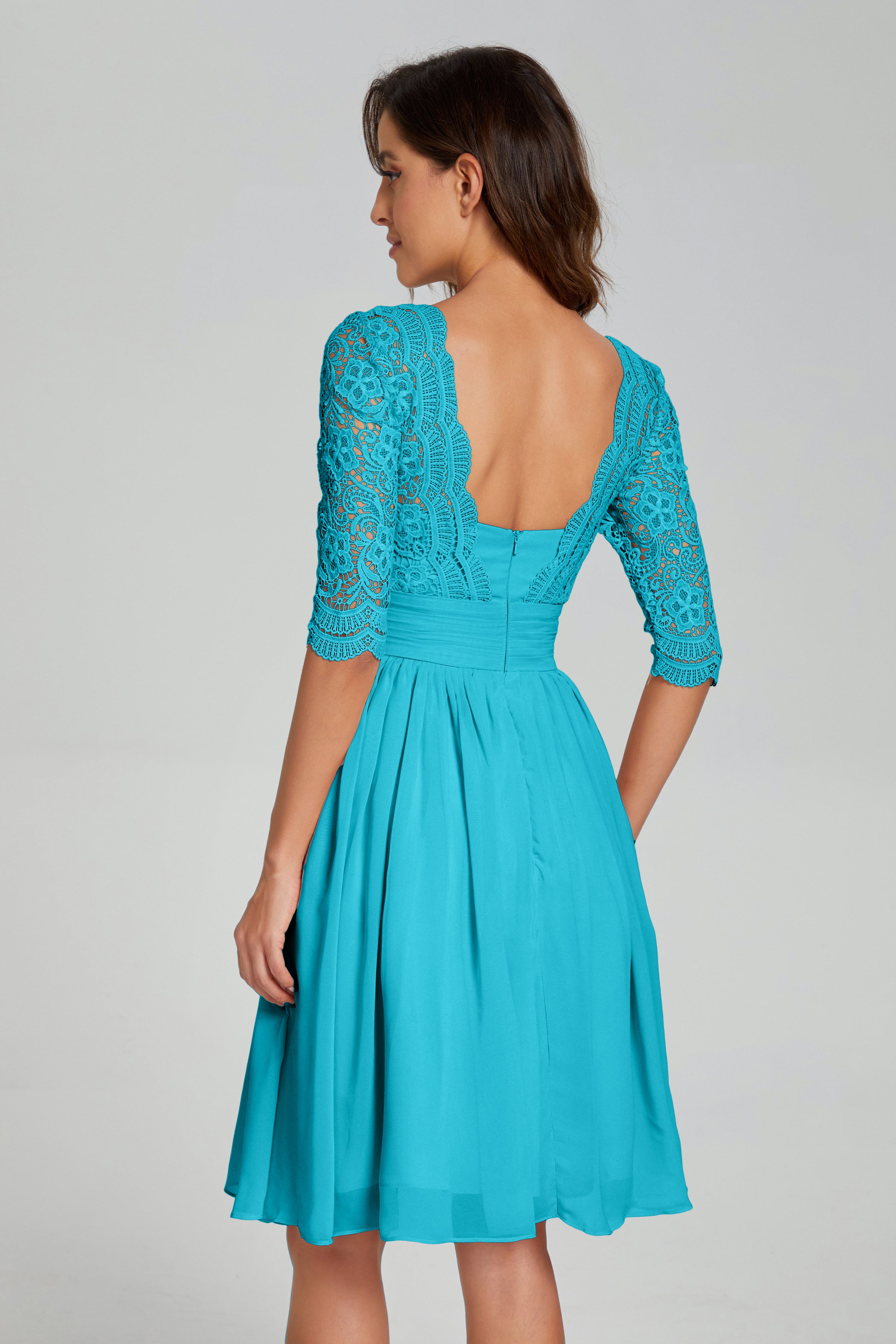 Knee Length Half Sleeve Lace Prom Dresses