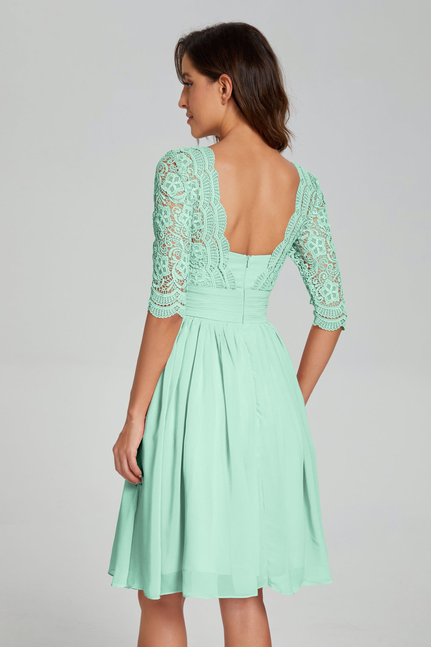 Knee Length Half Sleeve Lace Prom Dresses