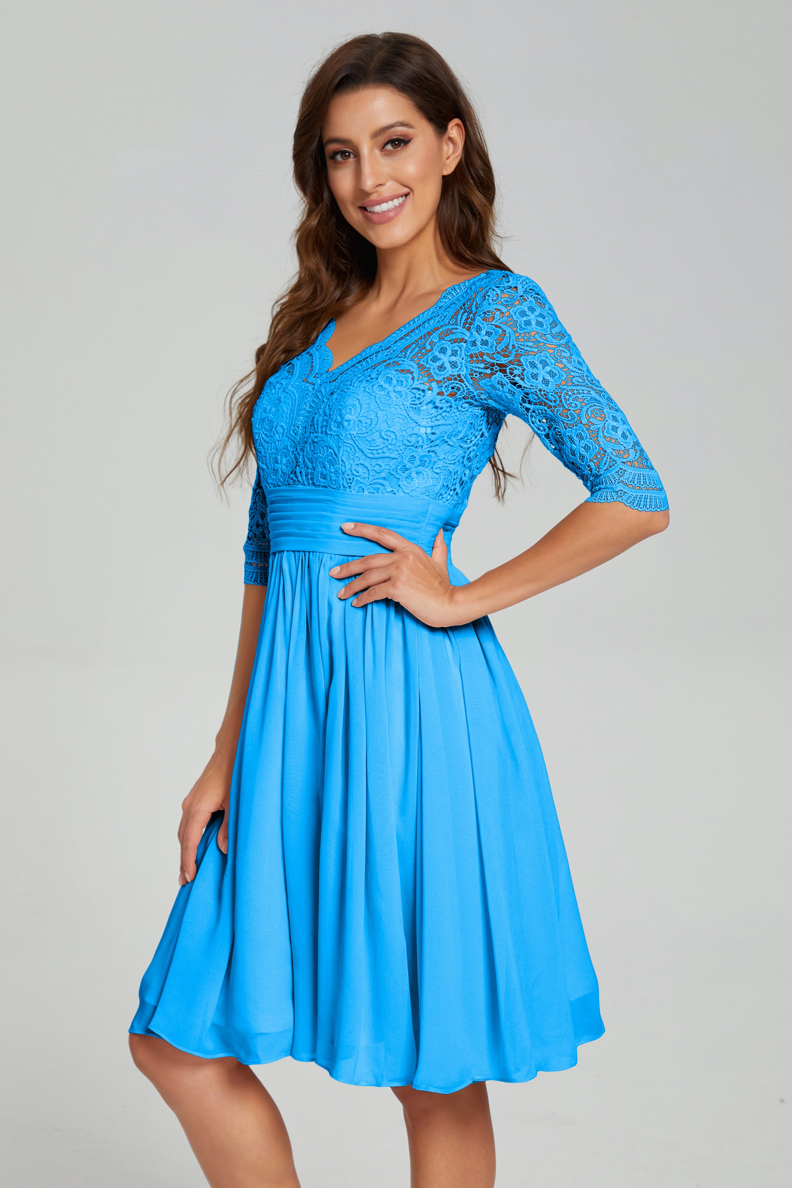 Knee Length Half Sleeve Lace Prom Dresses