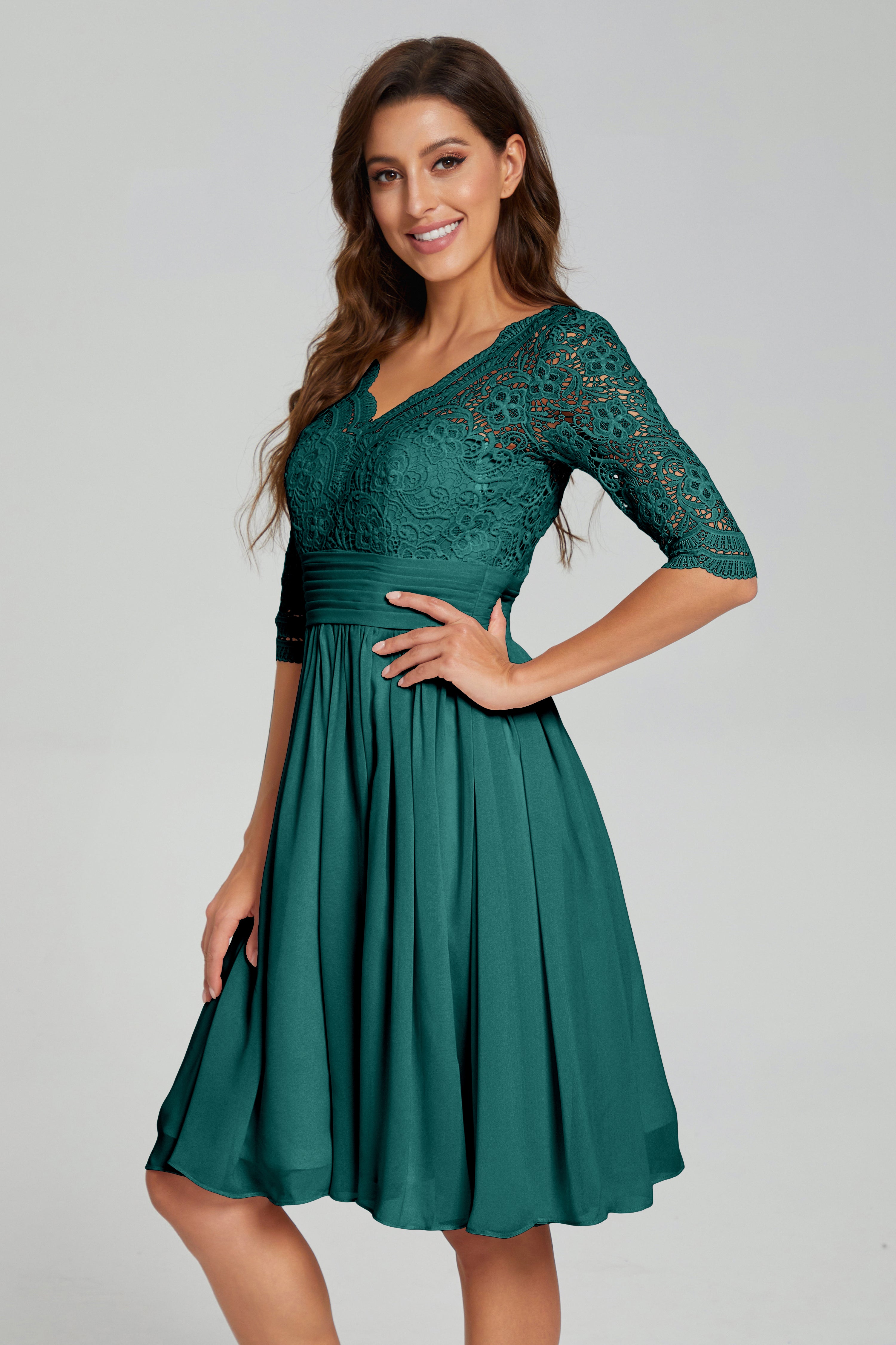 Knee Length Half Sleeve Lace Prom Dresses