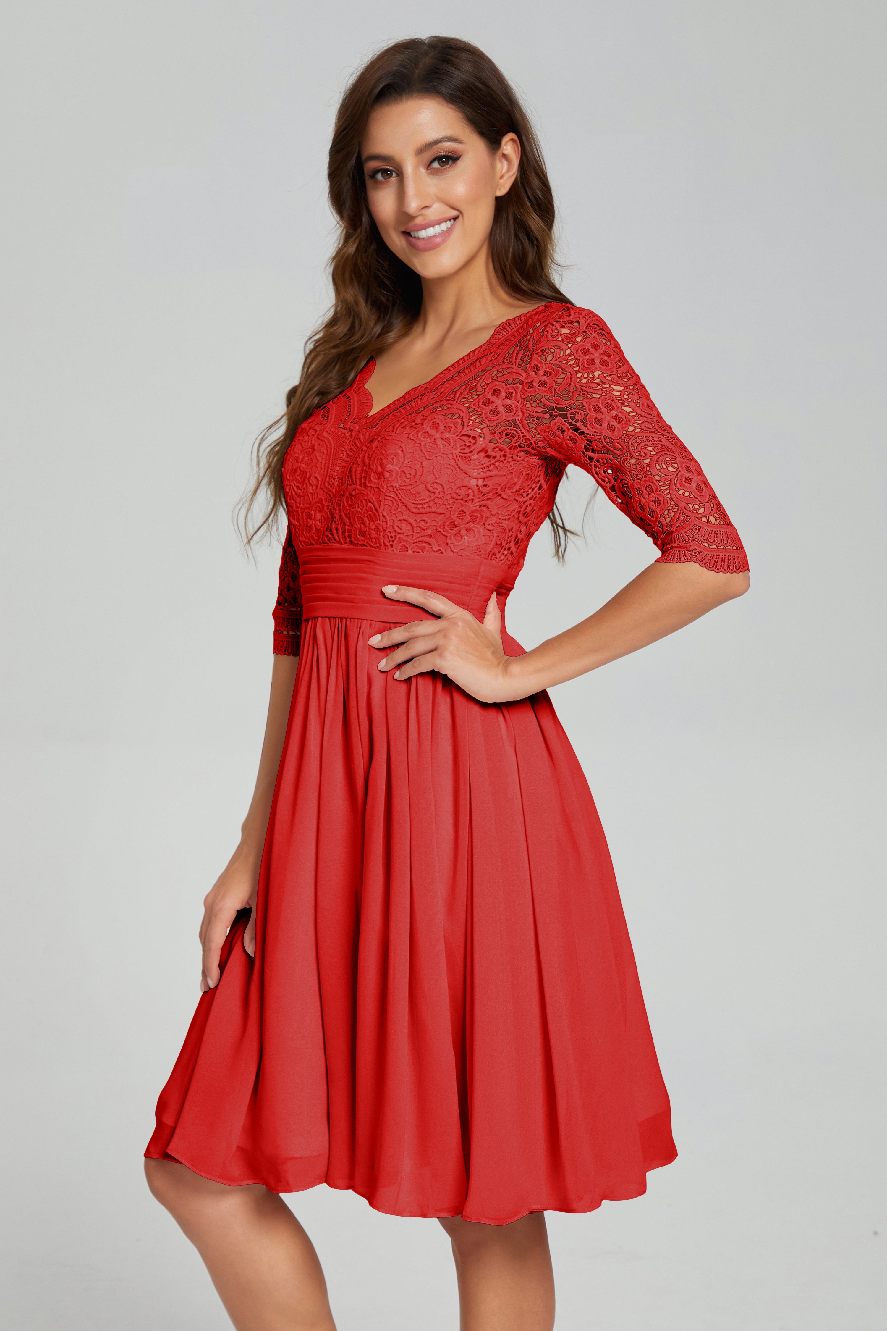 Knee Length Half Sleeve Lace Prom Dresses