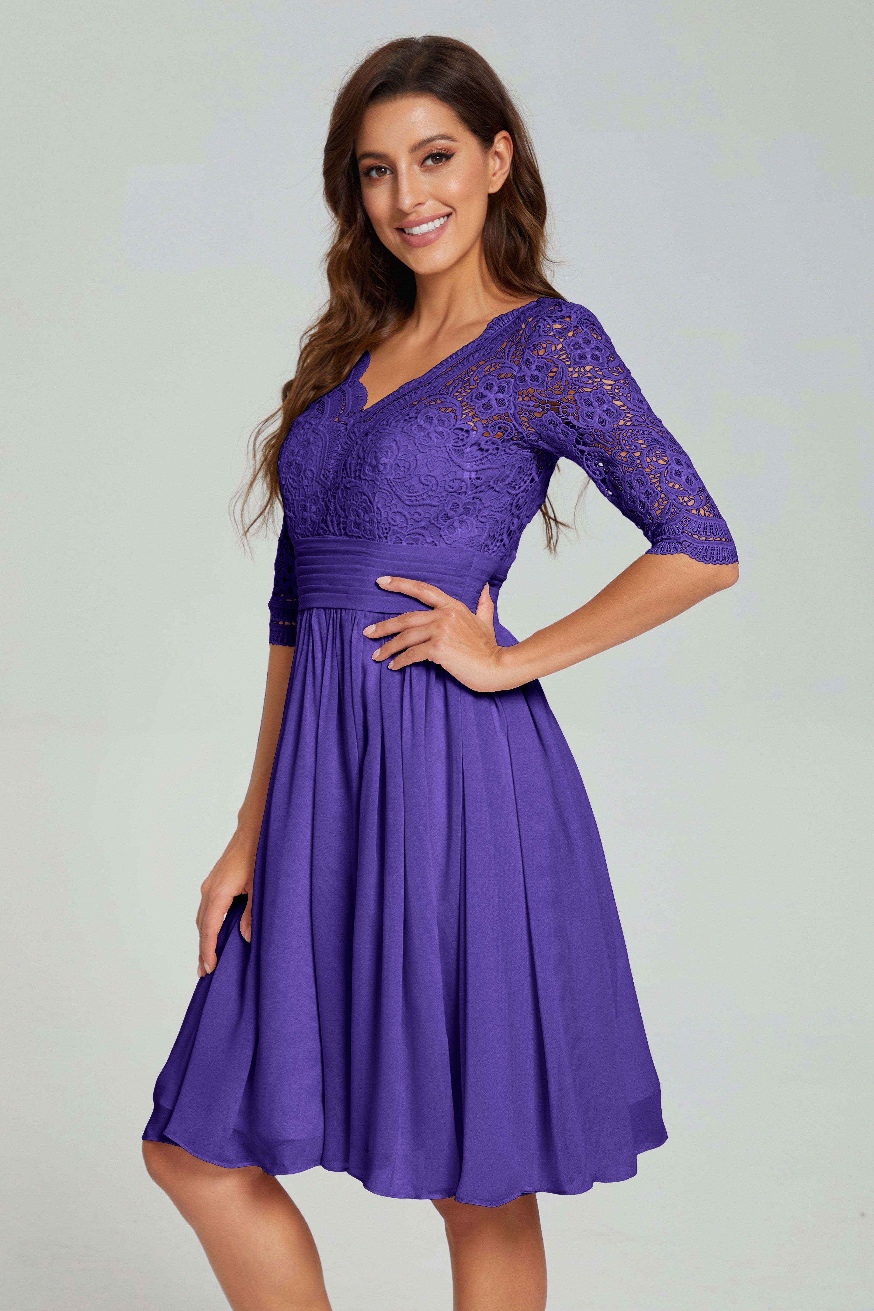 Knee Length Half Sleeve Lace Prom Dresses