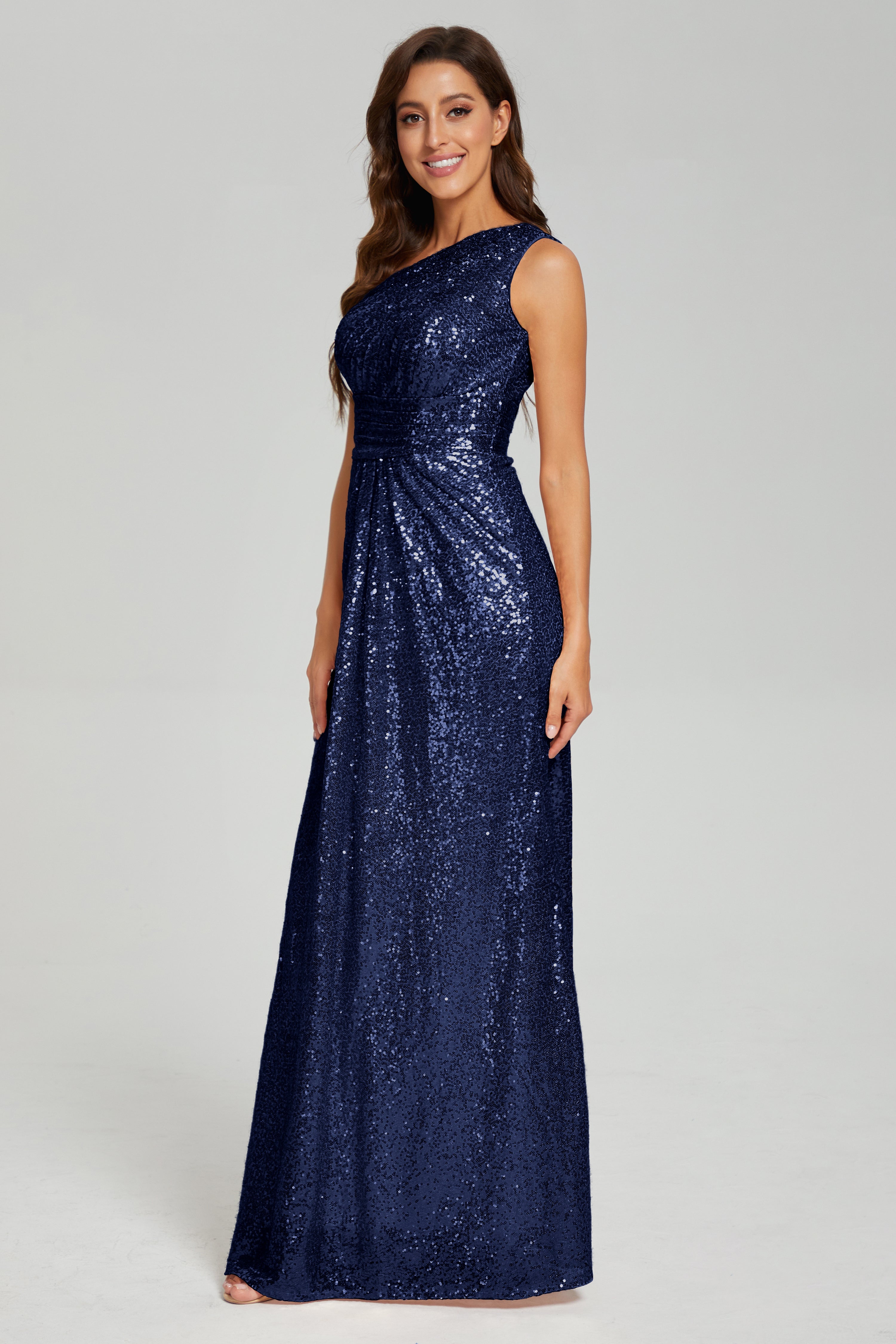 One Shoulder Column Sequins Prom Dresses