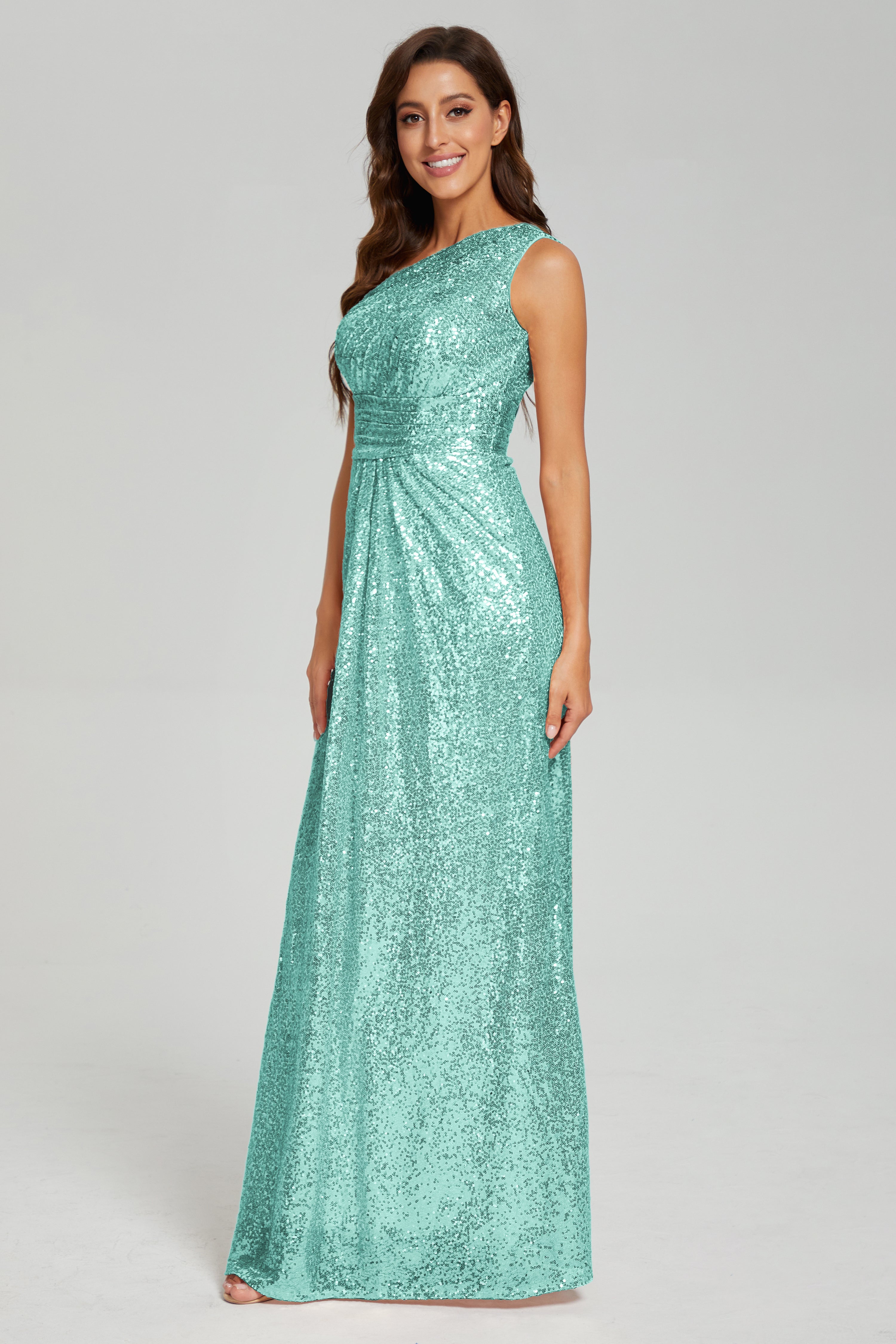 One Shoulder Column Sequins Prom Dresses