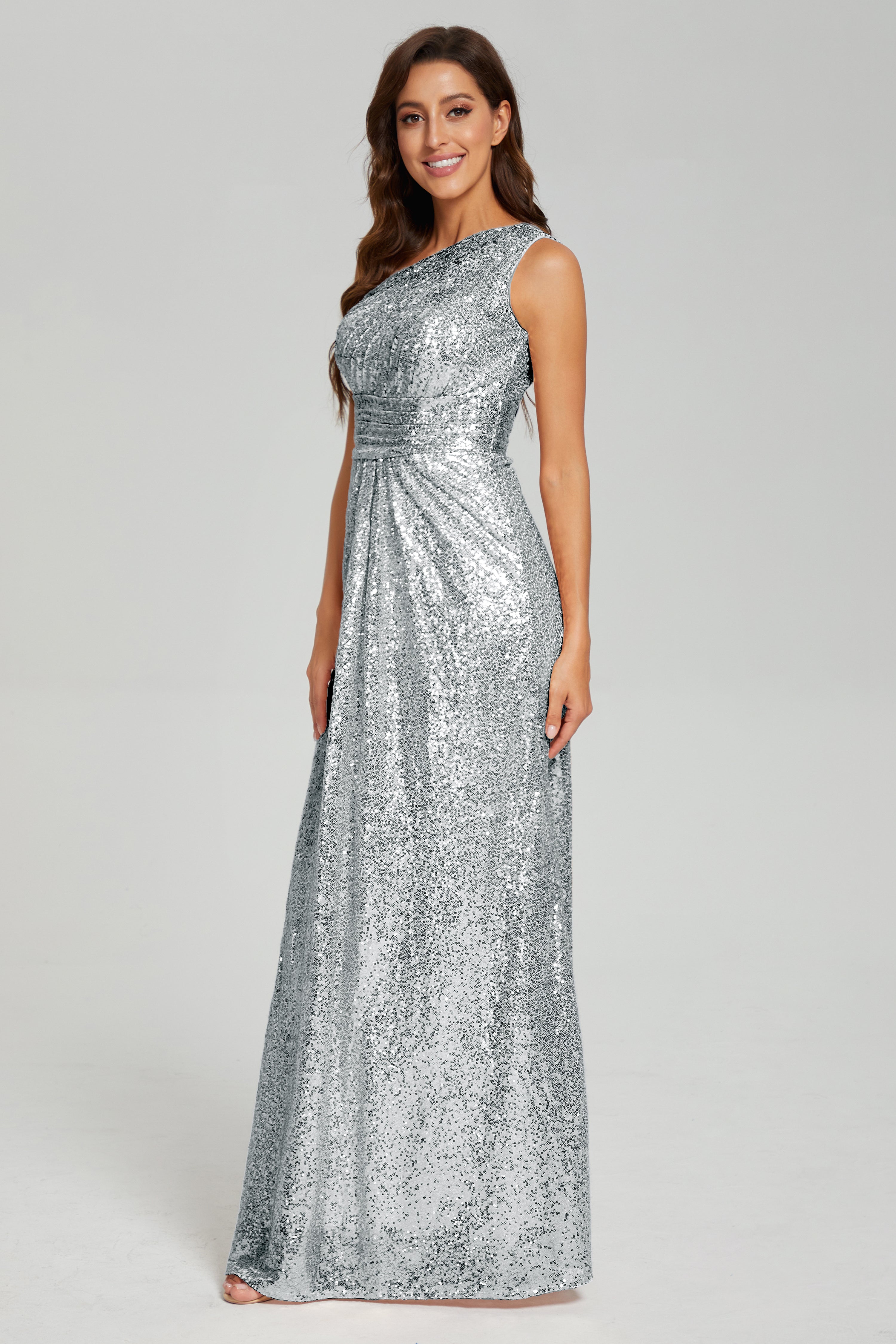 One Shoulder Column Sequins Prom Dresses