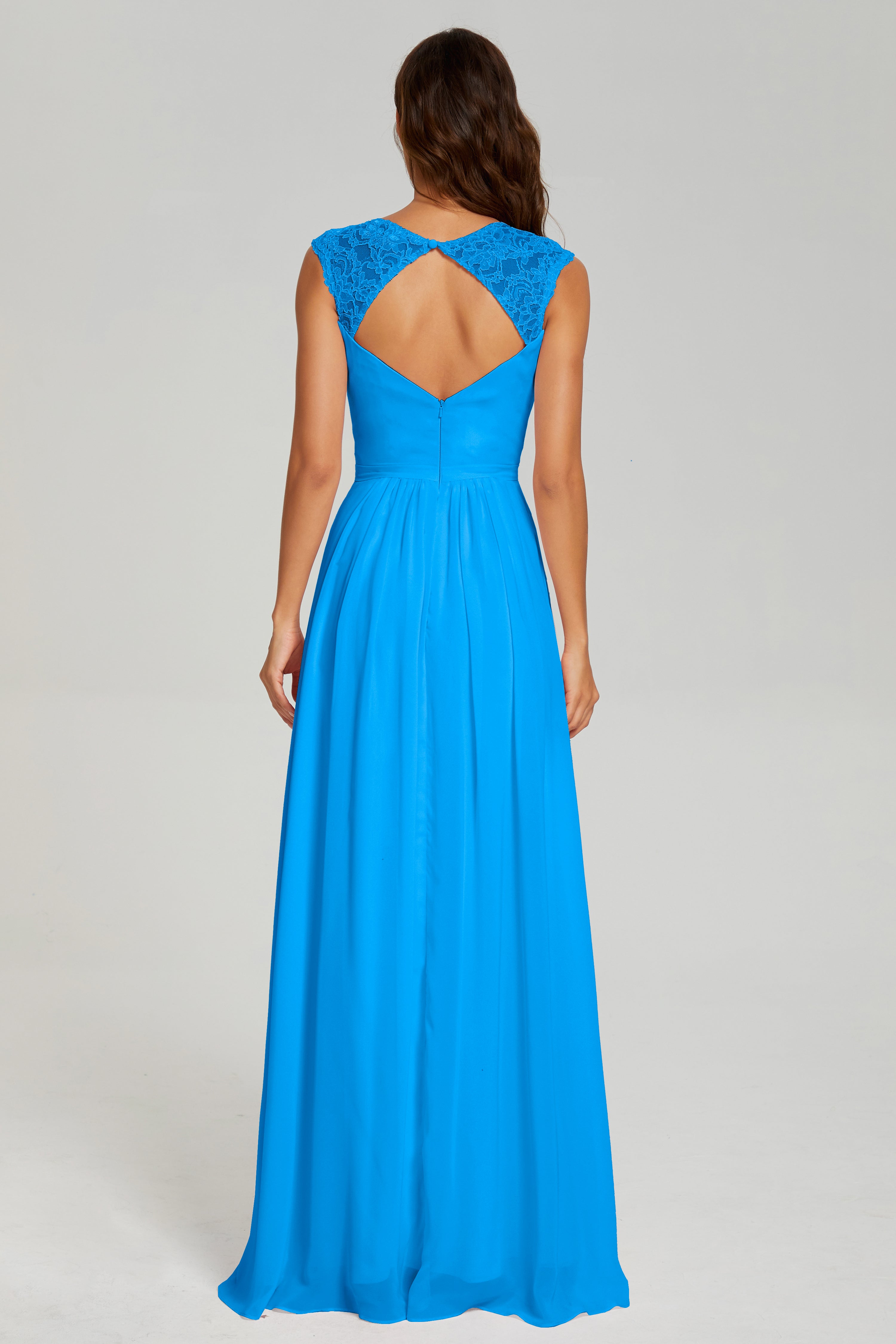 Open Back Cap Sleeve Chiffon Long Prom Dresses