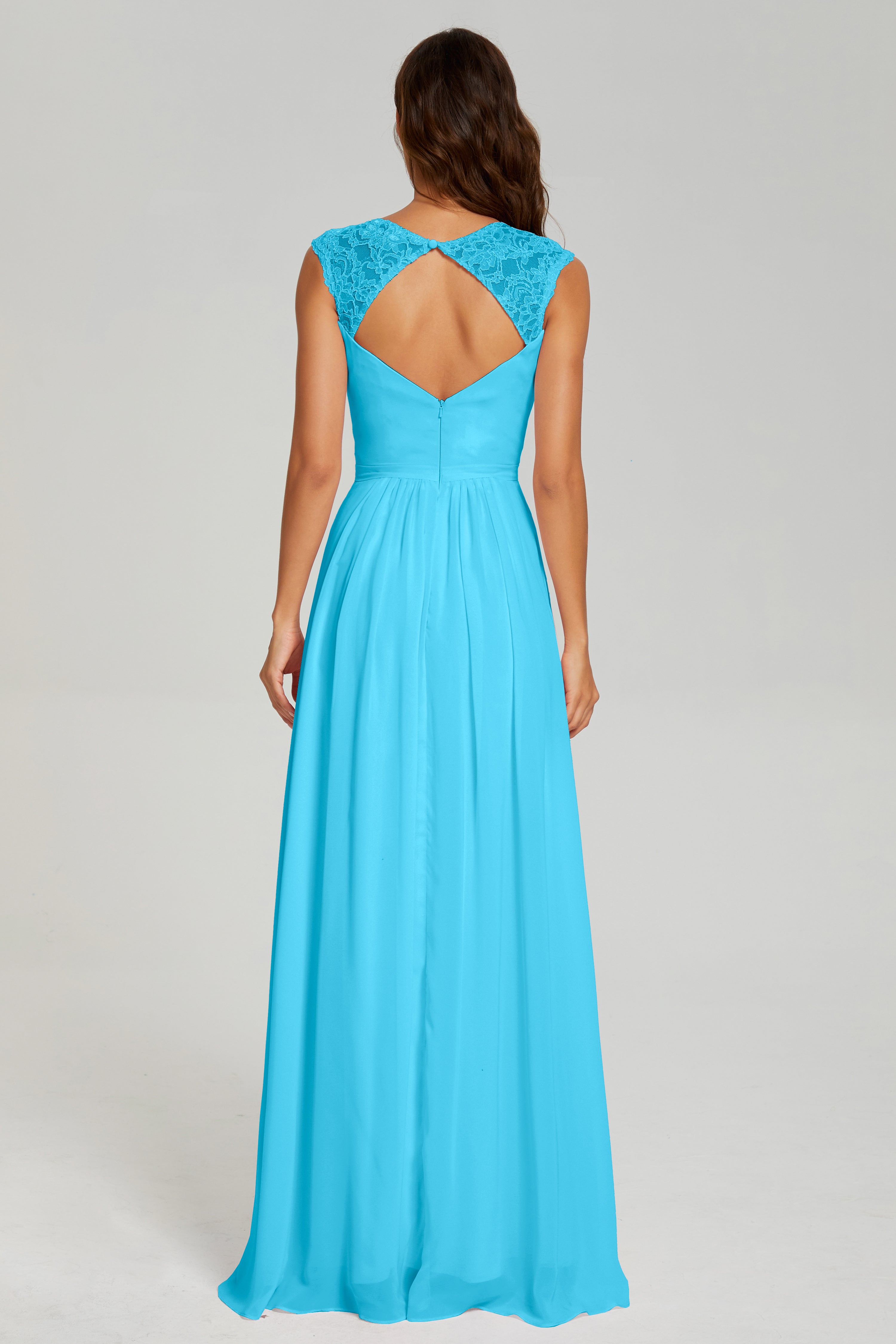 Open Back Cap Sleeve Chiffon Long Prom Dresses