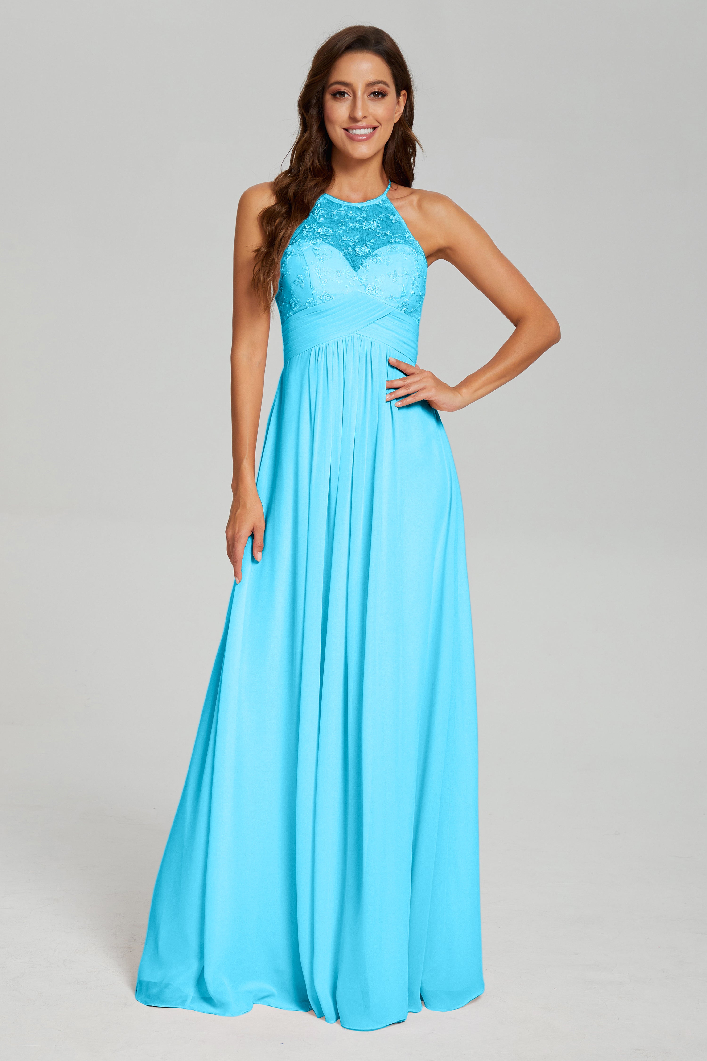 Open Back Halter Pleating Prom Dresses