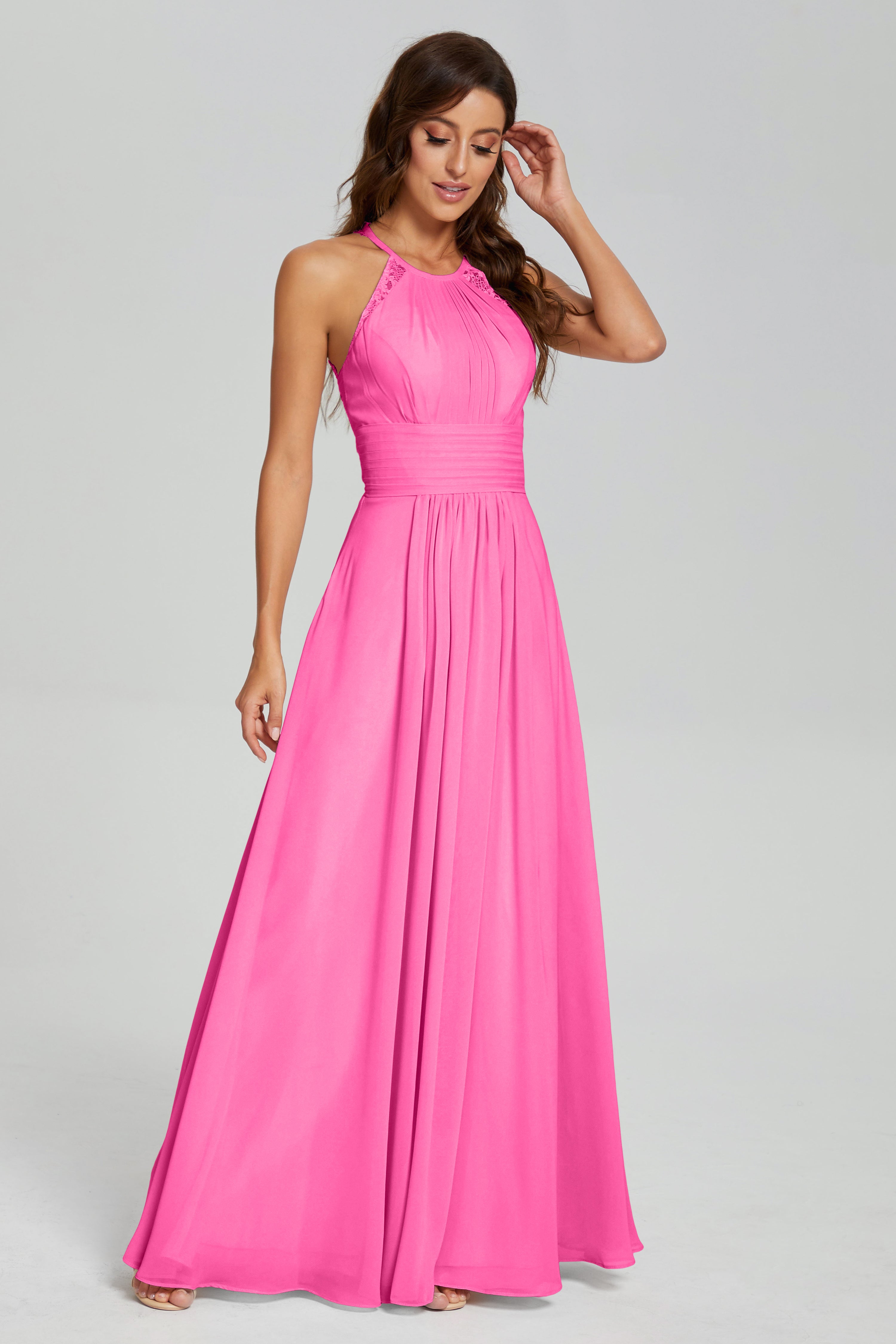 Pleating Halter Lace Chiffon Prom Dresses