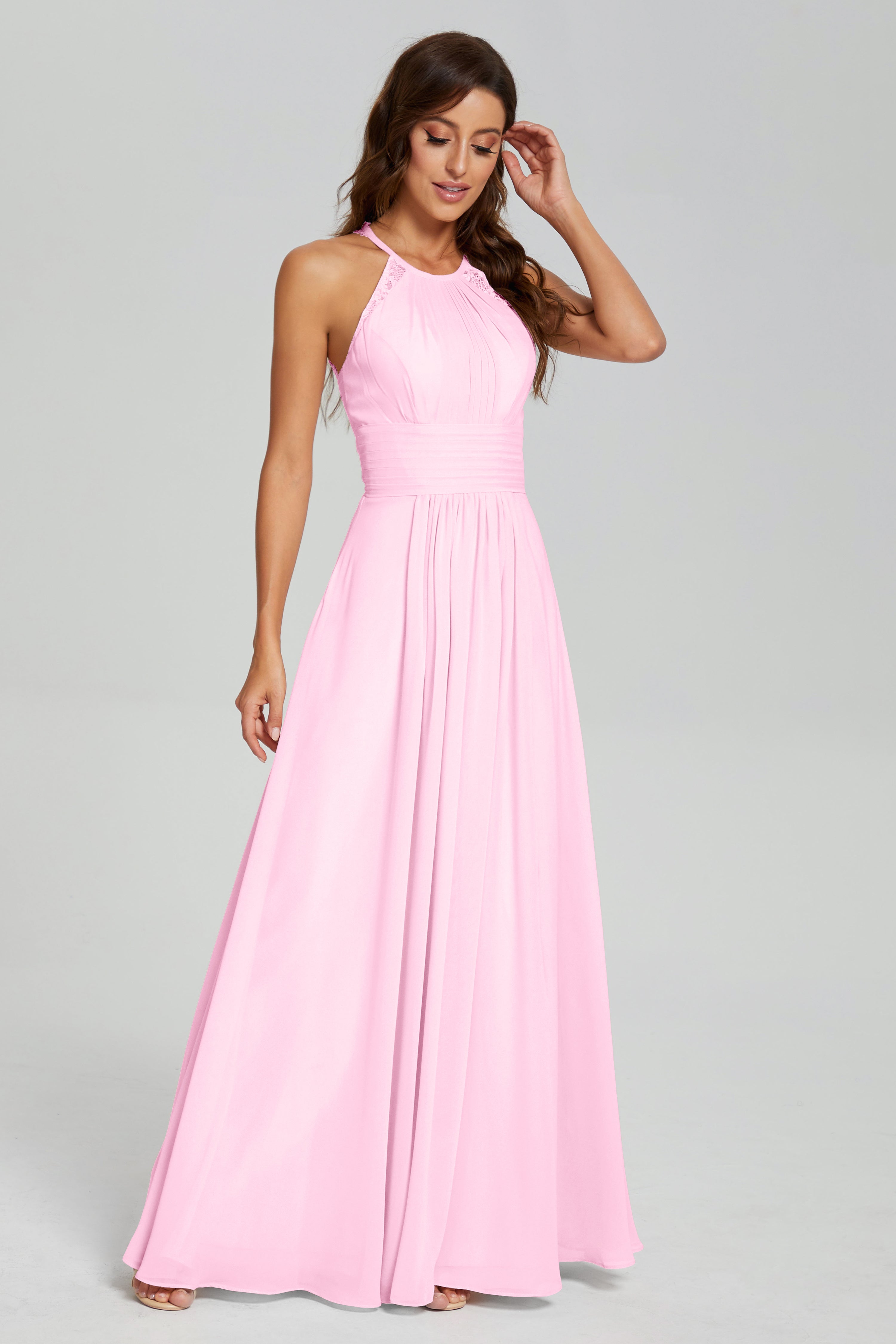 Pleating Halter Lace Chiffon Prom Dresses