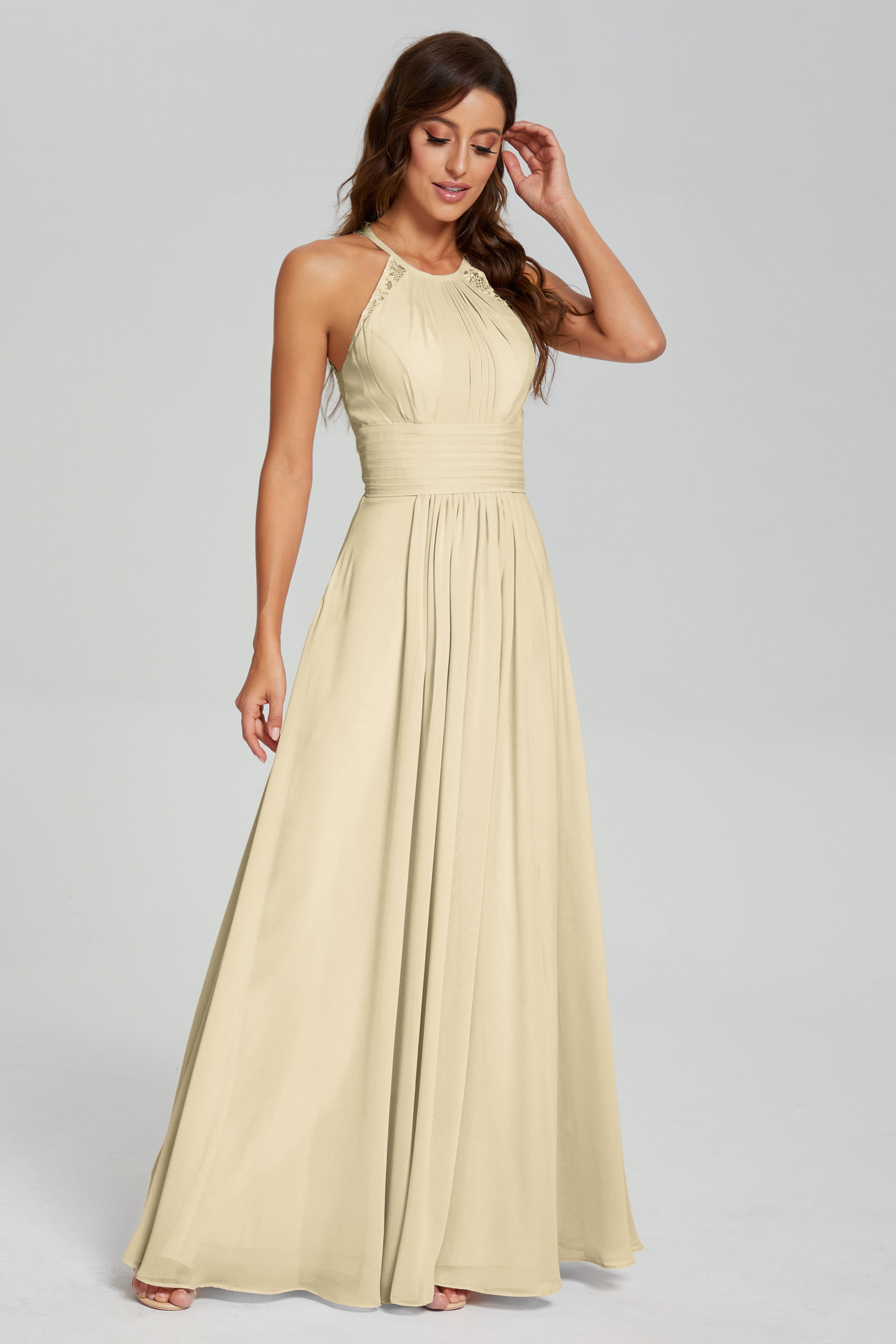 Pleating Halter Lace Chiffon Prom Dresses