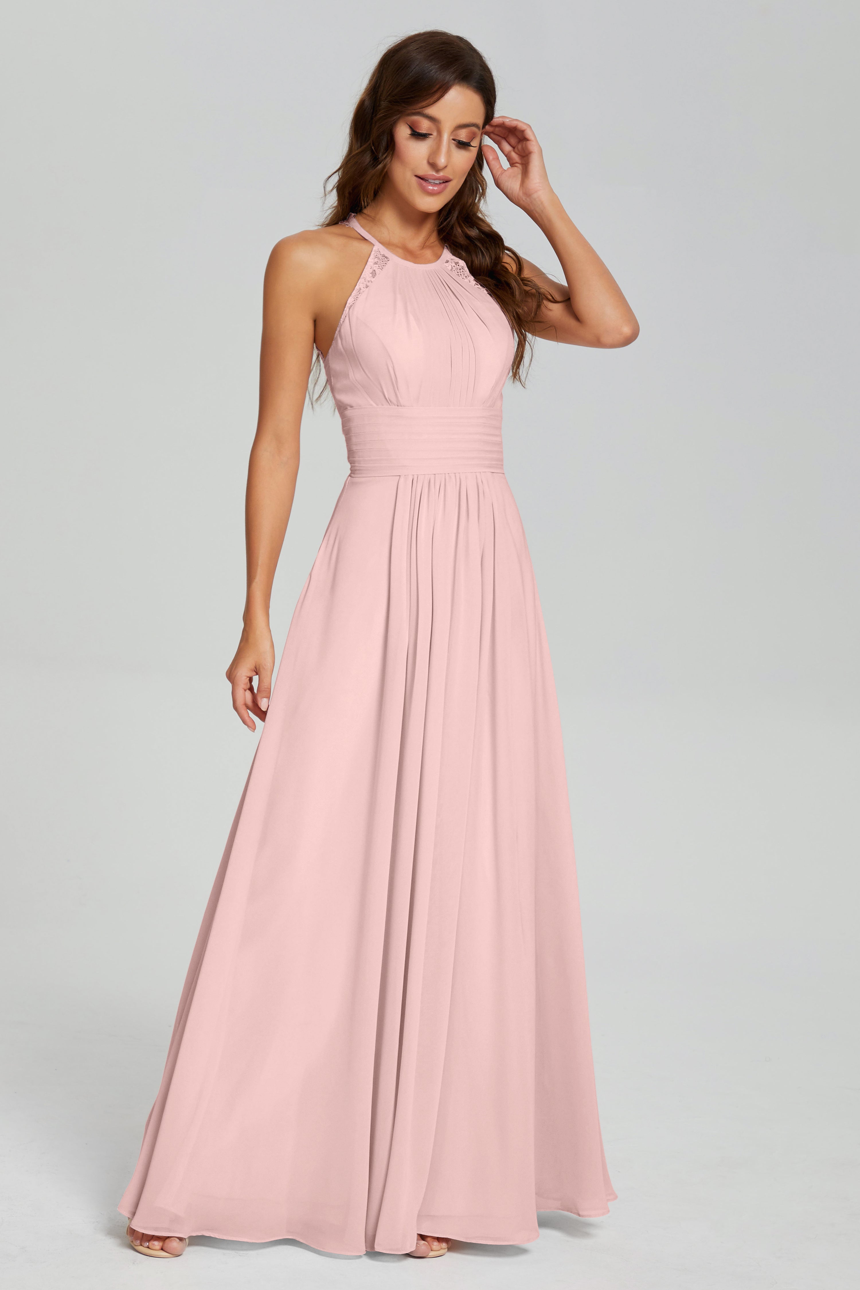 Pleating Halter Lace Chiffon Prom Dresses