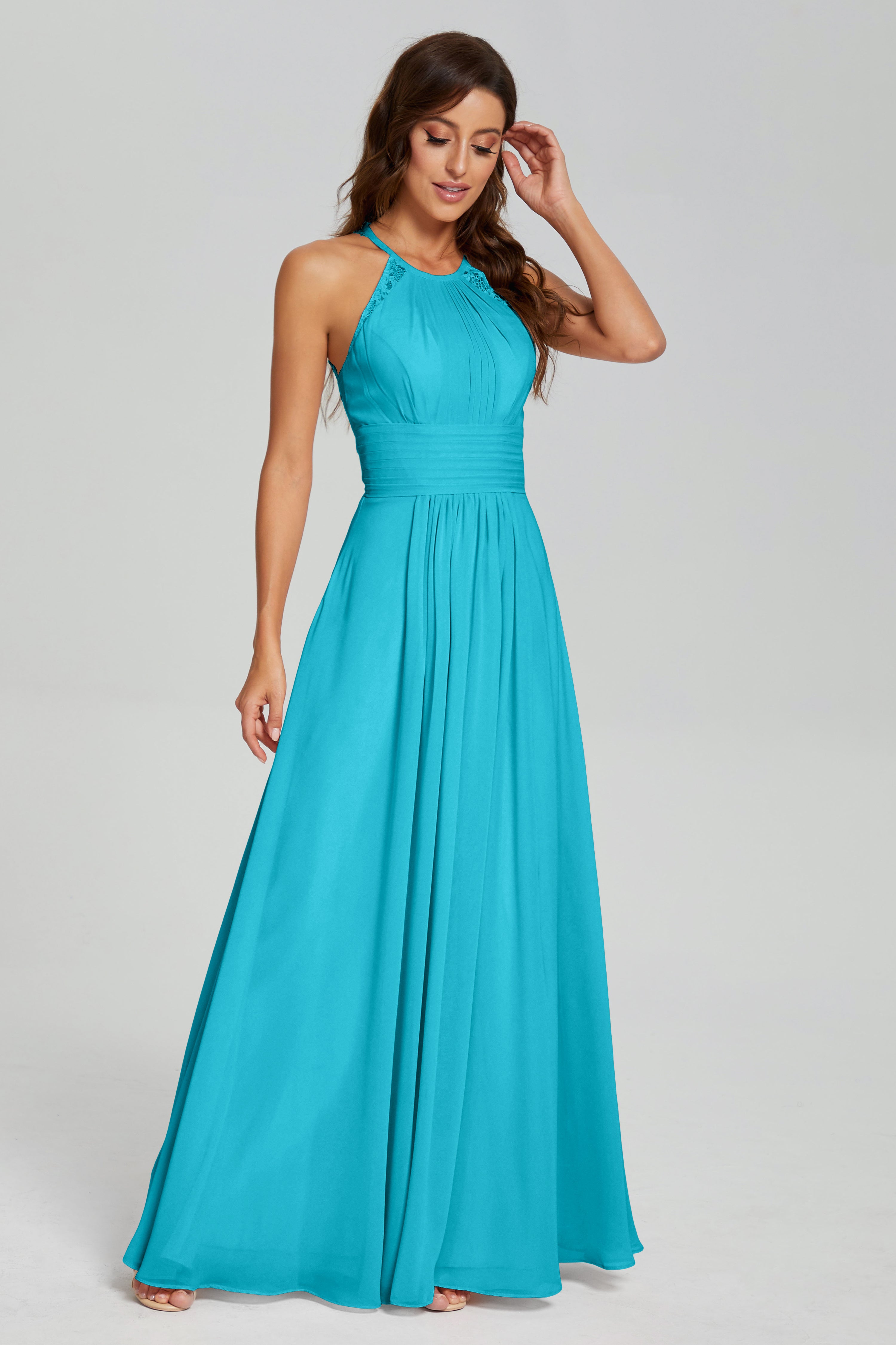 Pleating Halter Lace Chiffon Prom Dresses