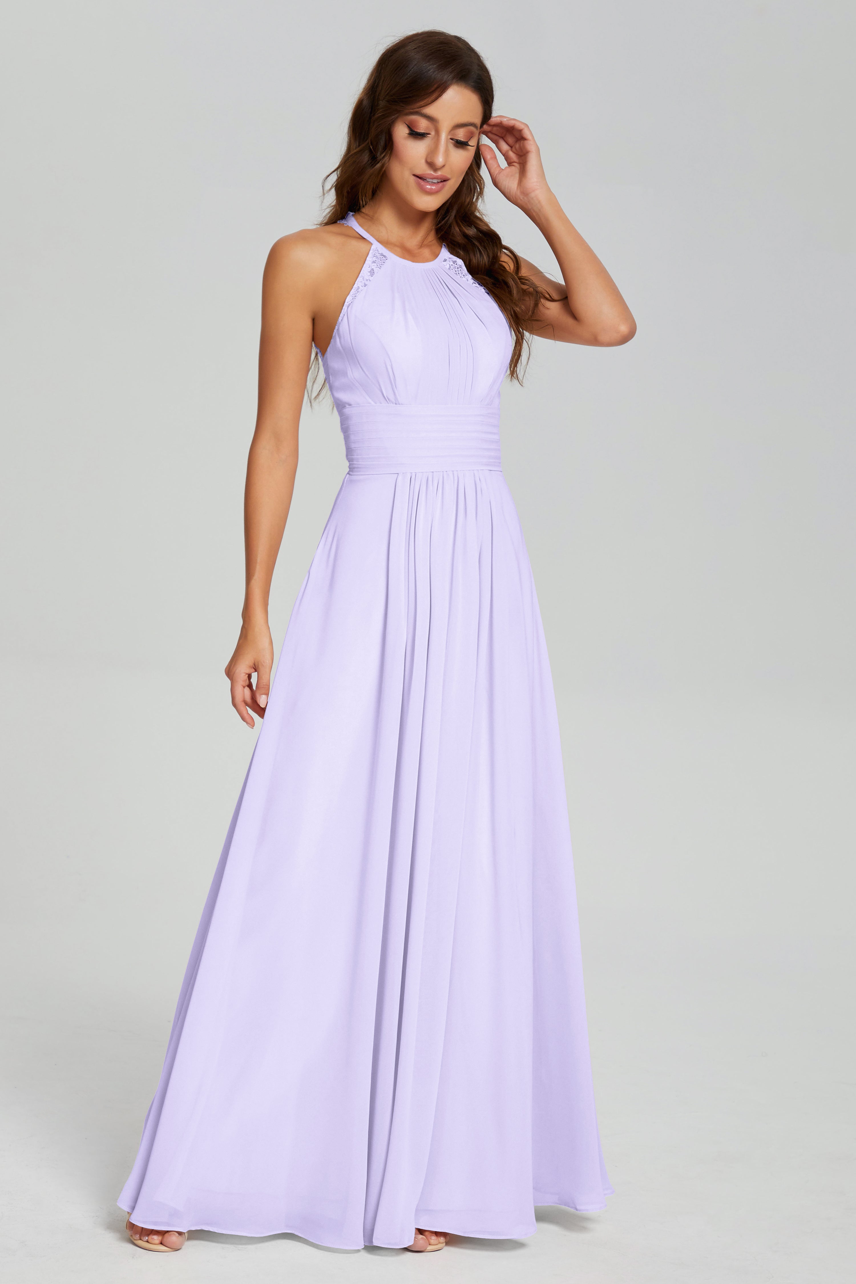 Pleating Halter Lace Chiffon Prom Dresses