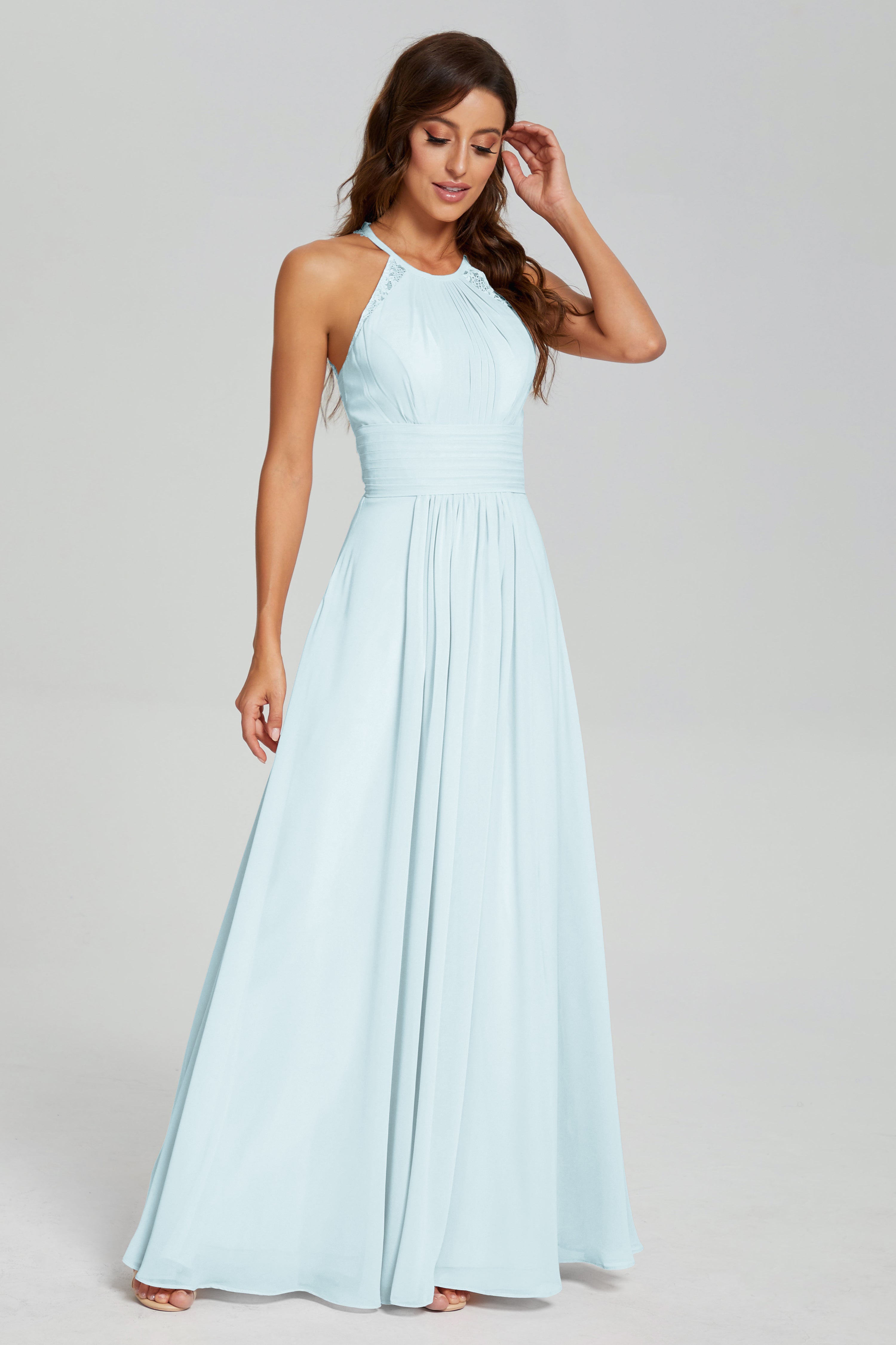 Pleating Halter Lace Chiffon Prom Dresses