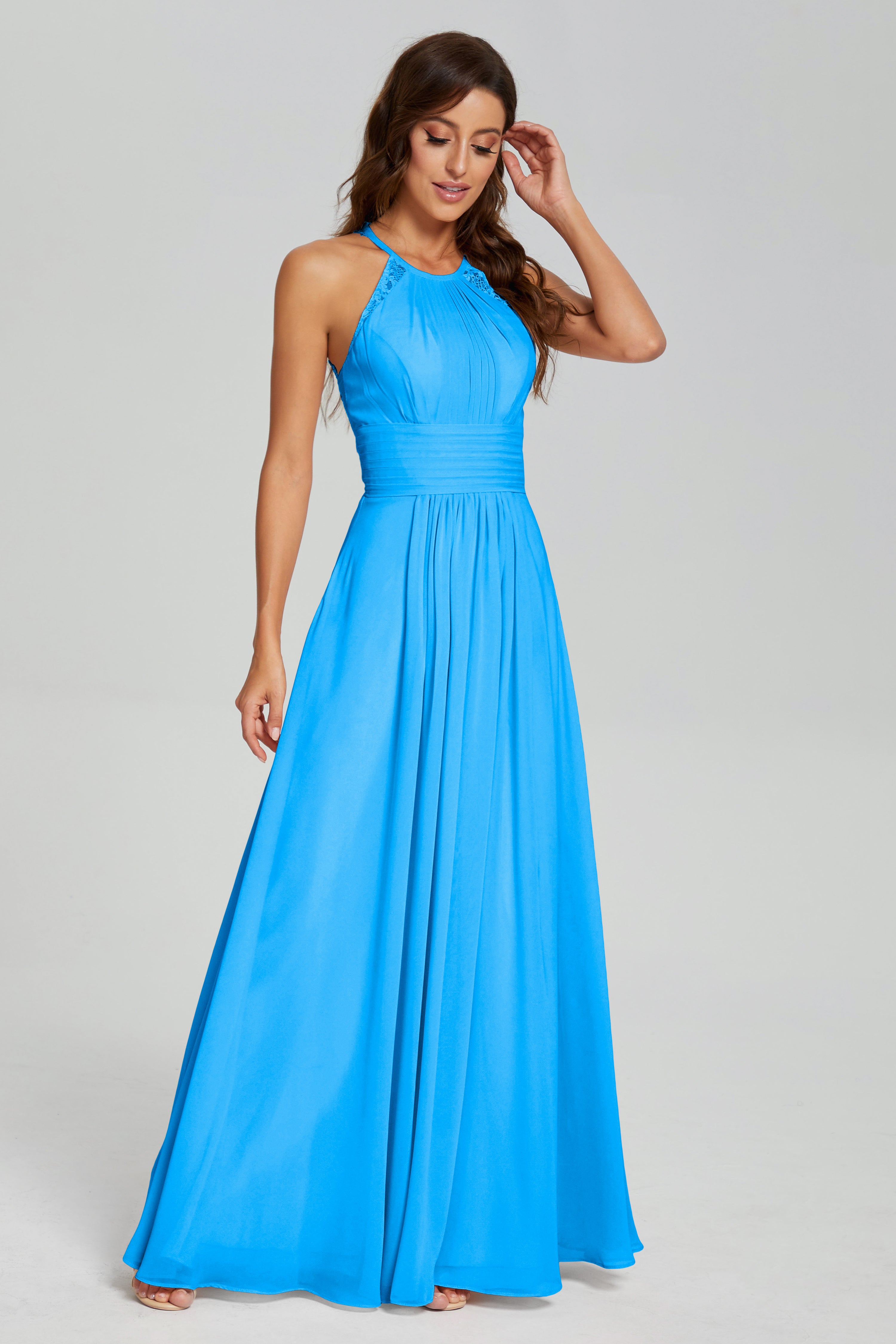 Pleating Halter Lace Chiffon Prom Dresses