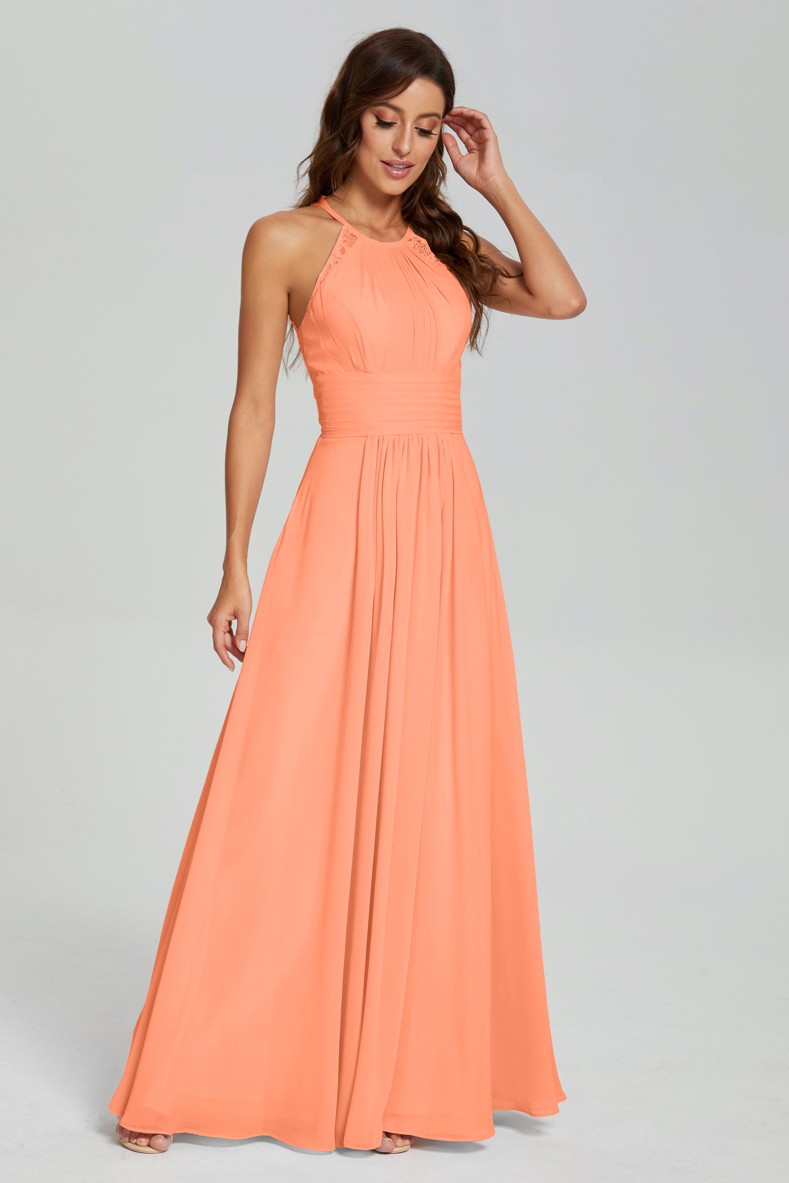 Pleating Halter Lace Chiffon Prom Dresses