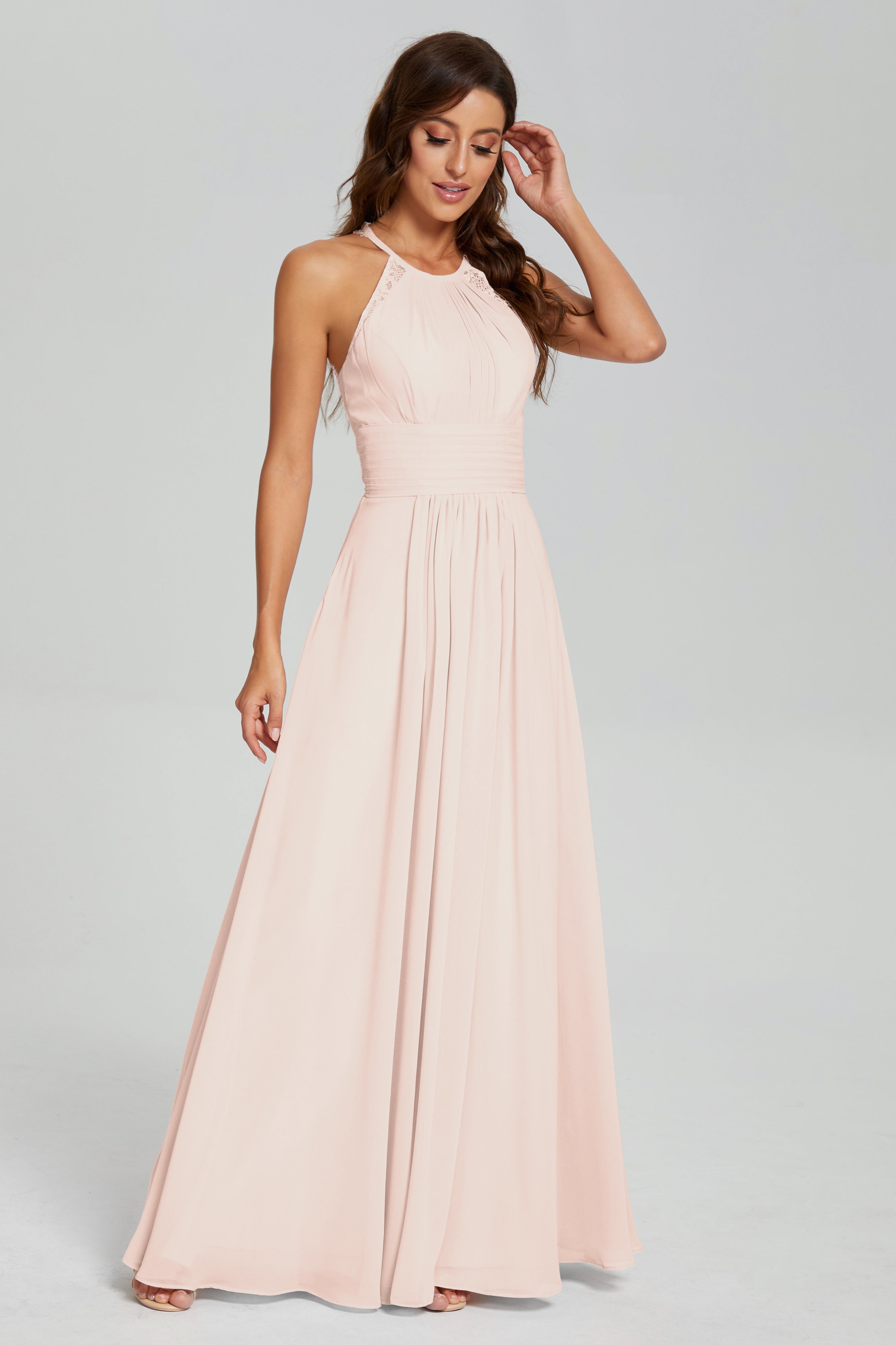 Pleating Halter Lace Chiffon Prom Dresses