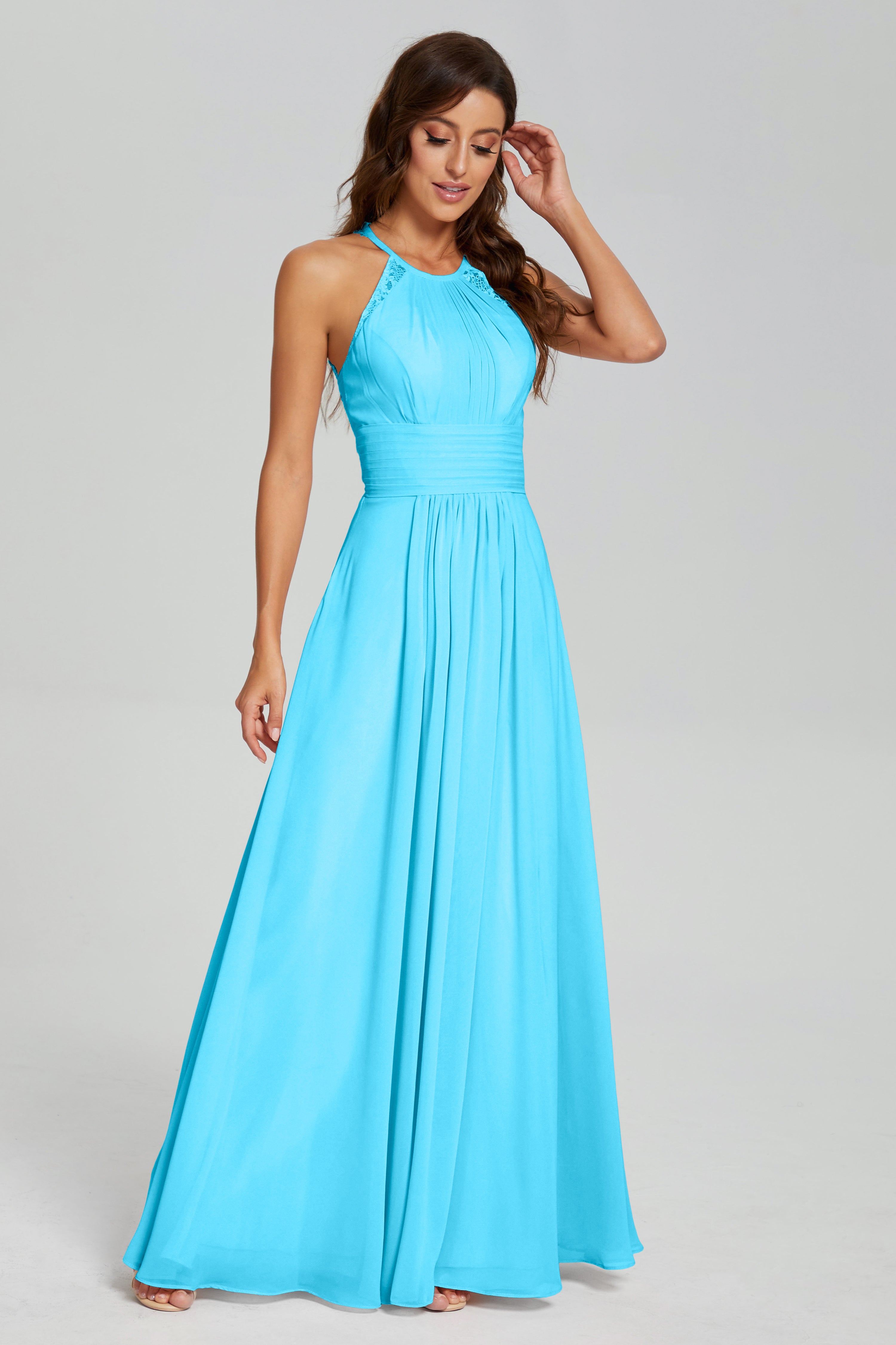 Pleating Halter Lace Chiffon Prom Dresses