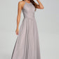 Pleating Halter Lace Chiffon Prom Dresses