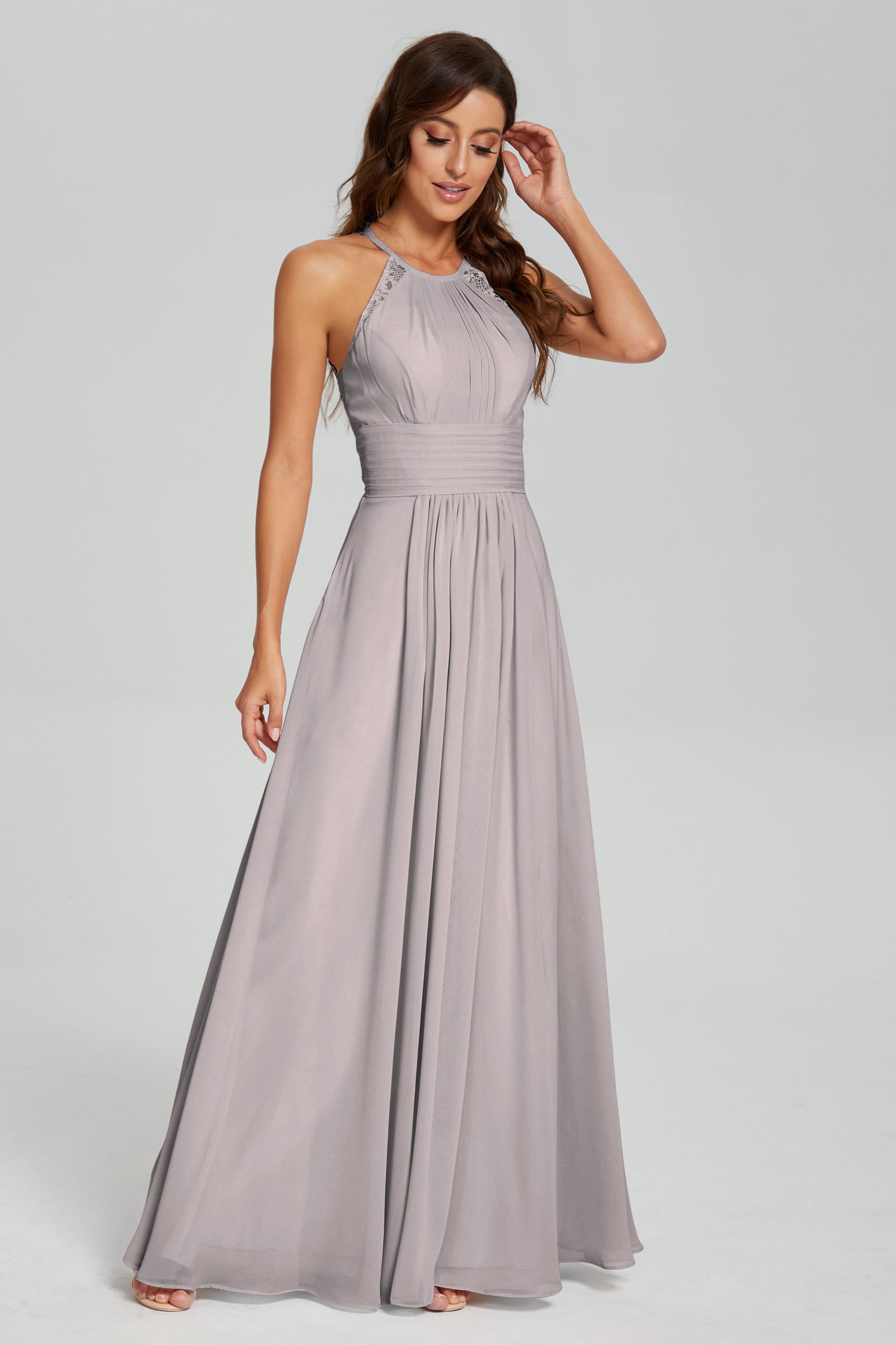 Pleating Halter Lace Chiffon Prom Dresses