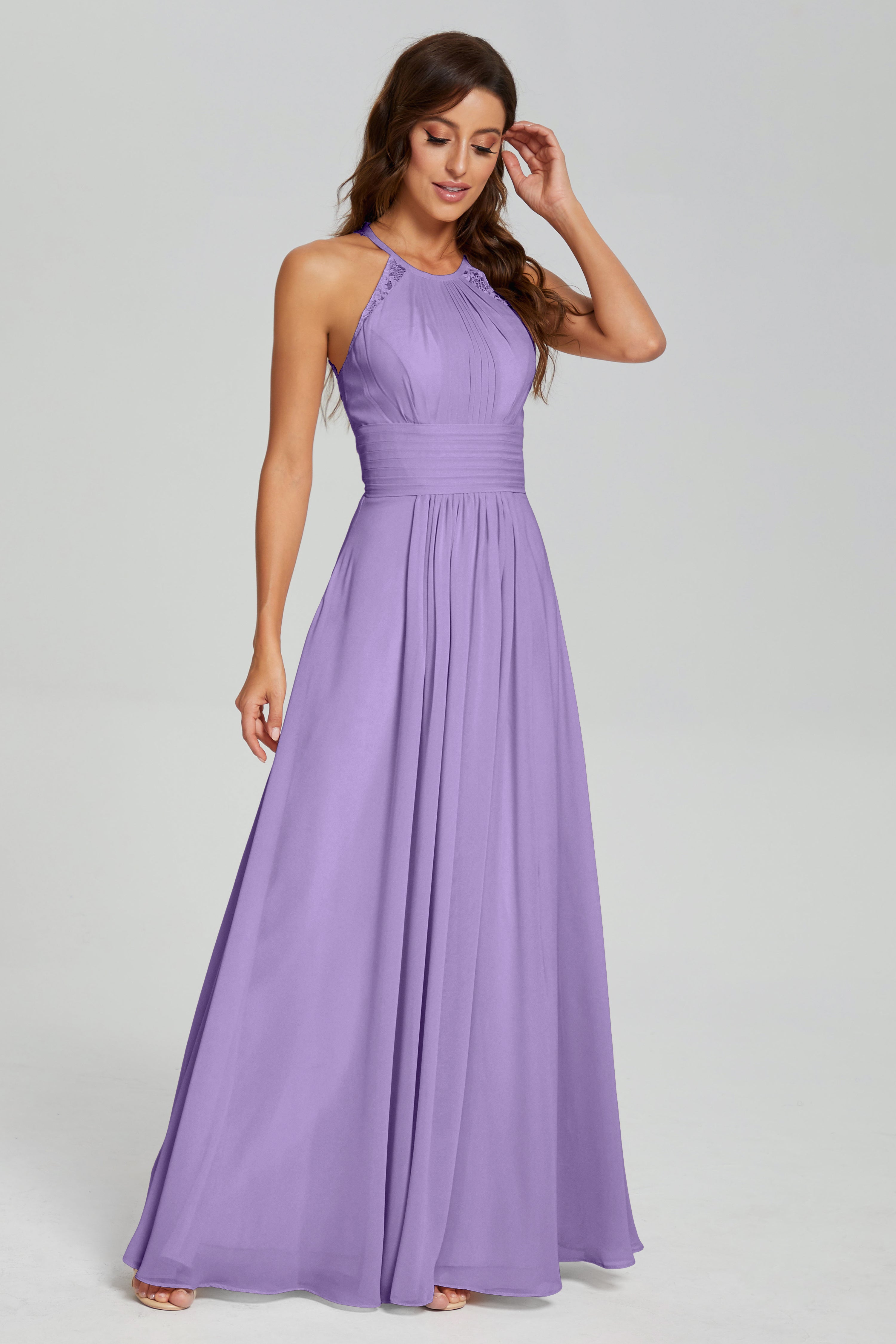 Pleating Halter Lace Chiffon Prom Dresses