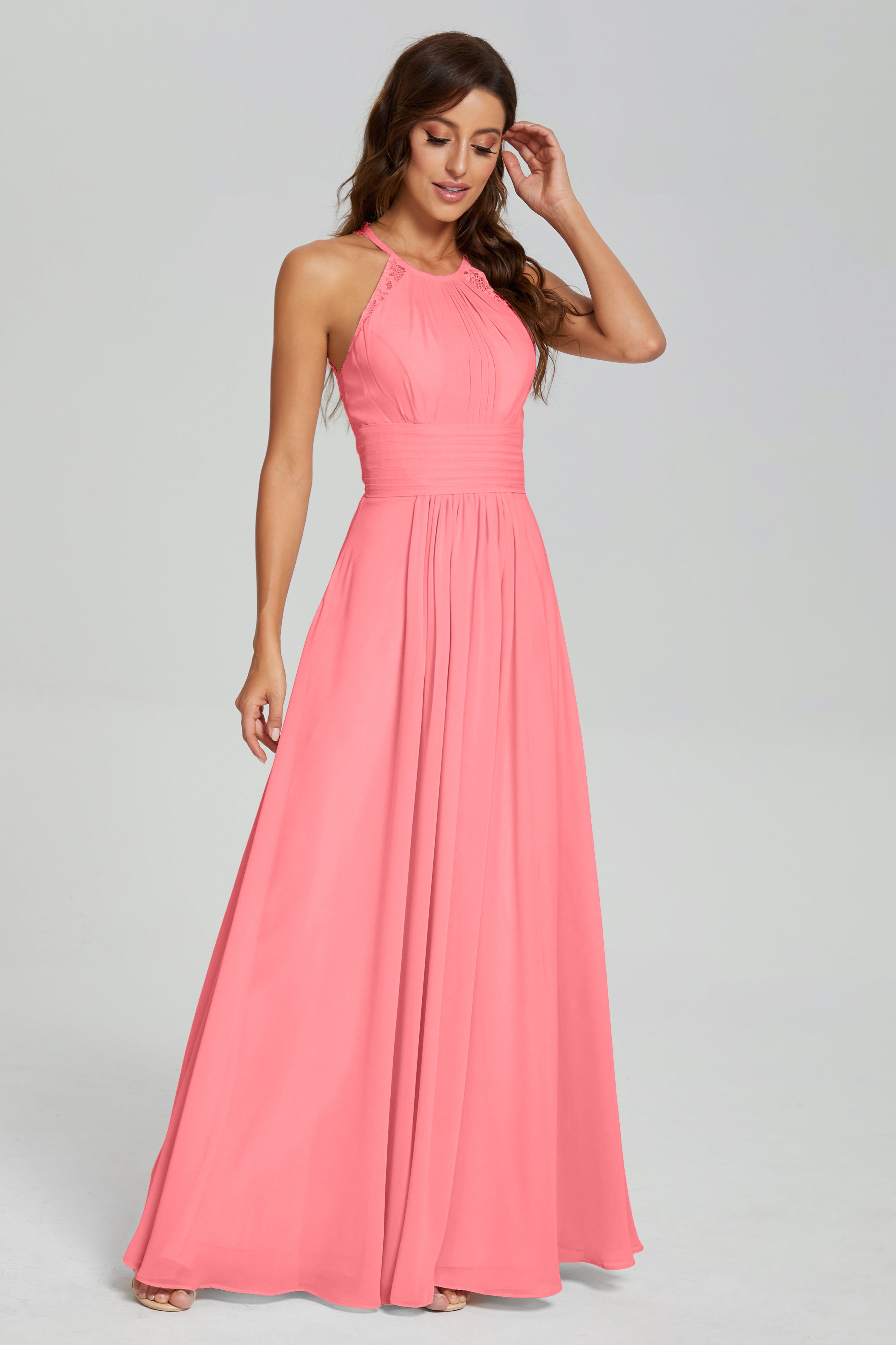 Pleating Halter Lace Chiffon Prom Dresses